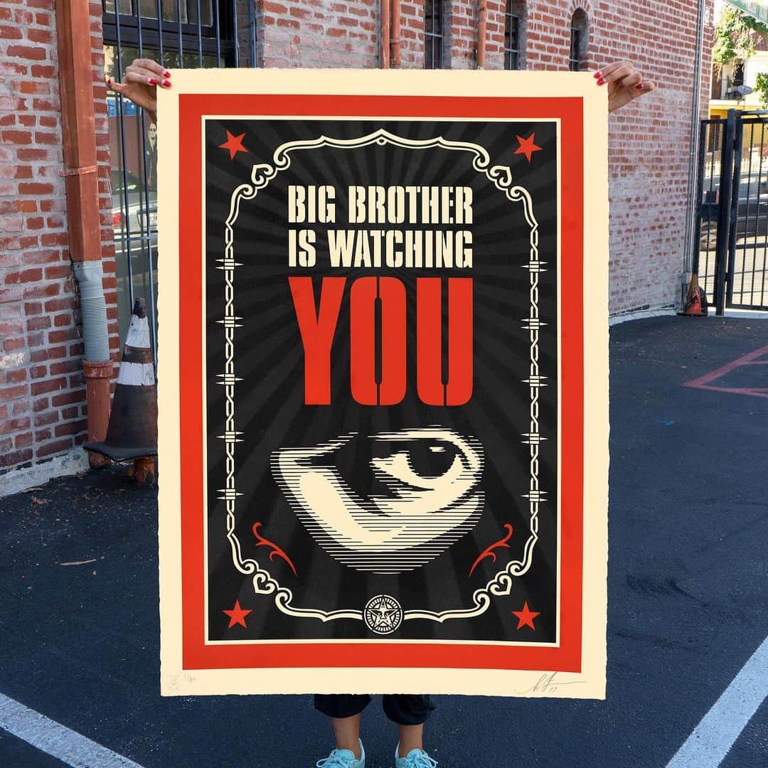 Shepard Faireyのインスタグラム：「BIG BROTHER IS WATCHING YOU AVAILABLE TUESDAY, SEPTEMBER 3RD!⁠⠀ Visit the link in bio for the full history behind this piece.⁠⠀ ⠀⠀⠀⠀⠀⠀⠀⠀⠀⁣⁠⠀ Big Brother Is Watching You. Serigraph on Coventry Rag, 100% Cotton Custom Archival Paper with hand-deckled edges. 30 x 41 inches. Signed by Shepard Fairey. Numbered edition of 89. Comes with a certificate of authenticity. $900. A portion of proceeds will go to @ACLU_nationwide. Available Tuesday, September 3rd @ 10 AM PDT at store.obeygiant.com/collections/prints. Max order: 1 per customer/household. *Orders are not guaranteed as demand is high and inventory is limited.* Multiple orders will be refunded. International customers are responsible for import fees due upon delivery.⁣ ALL SALES FINAL.⁠」