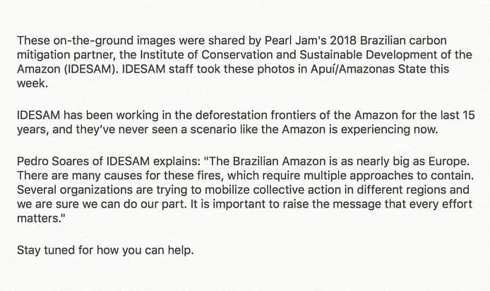 パール・ジャムさんのインスタグラム写真 - (パール・ジャムInstagram)「They’ve never seen a scenario like the Amazon is experiencing now.」8月31日 3時11分 - pearljam