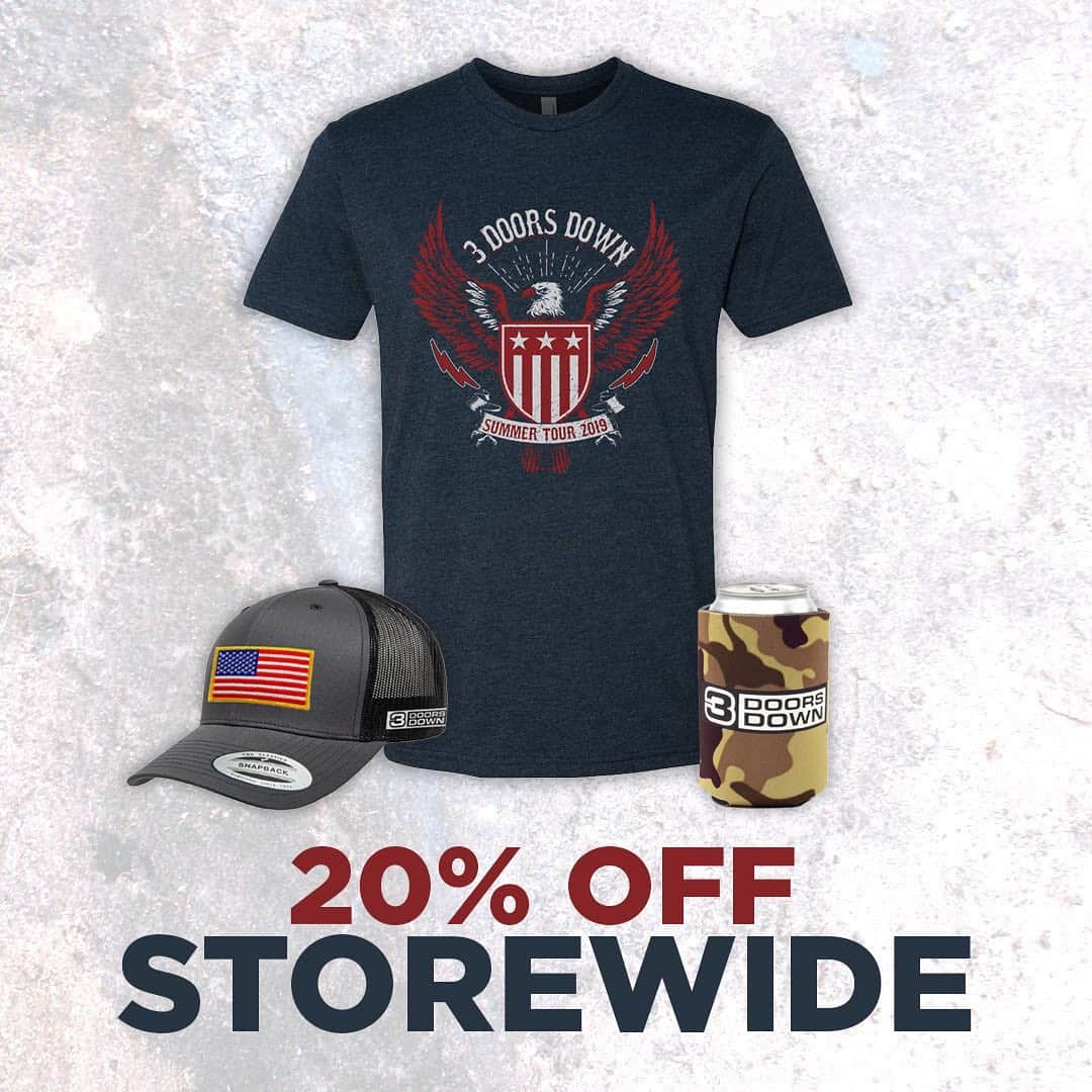 3 Doors Downのインスタグラム：「This weekend ONLY, all of our merch is 20% off! Shirts, hats, jerseys, signed photos, and more. (Link in bio)」