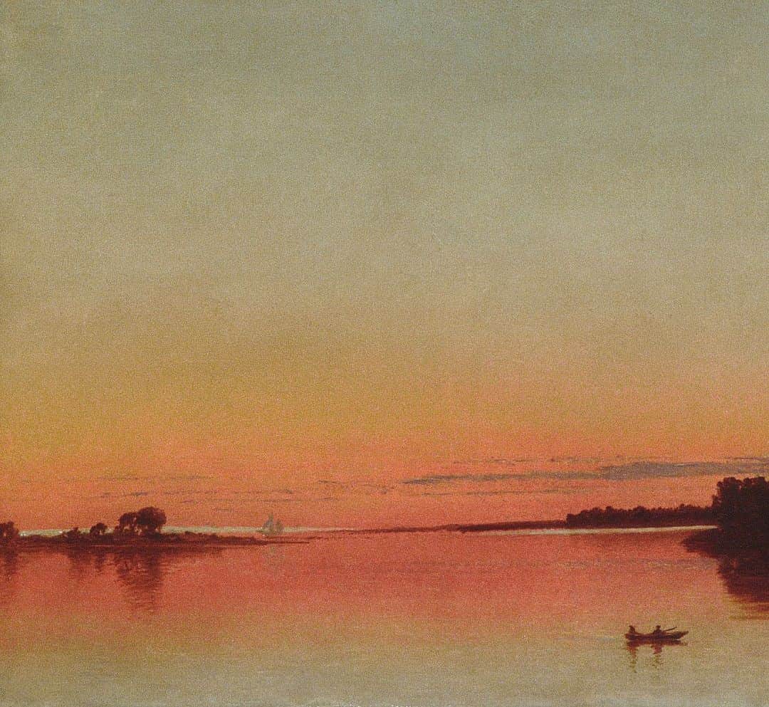 のインスタグラム：「Summer's twilight is upon us 🌅 Hudson River School painter John Frederick Kensett normally left the dramatic spectacles of sunrises, sunsets, dawns, and twilights to colleagues such as Frederic Church and Sanford Gifford. ⁣ ⁣ But in the #summer of 1872, when he painted exclusively from and around the Long Island Sound, he explored light and color more liberally than he had before, his attention confined daily to the uninflected contours of the water and coastal topography, conjuring warm works such as this. Have a safe and enjoyable #LaborDay weekend!⁣⁣ ⁣⁣ 🎨 John Frederick Kensett (American, 1816–1872). Twilight on the Sound, Darien, Connecticut, 1872. Oil on canvas.」