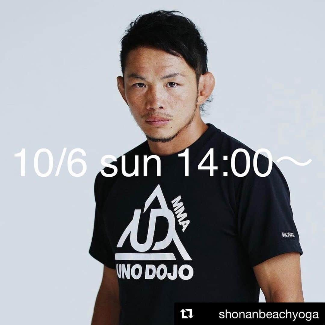 宇野薫さんのインスタグラム写真 - (宇野薫Instagram)「よろしくお願いします！！ #Repost @shonanbeachyoga with @get_repost ・・・ SHONAN BEACH YOGA WEEK in HAYAMA 【スペシャルデイ！！】 . スペシャルクラス💪🏻 講師：宇野薫 @caoluno  初心者向け総合格闘技EXERCISE 10/6（sun）14:00〜15:10 参加費：￥3,500（税込）20名限定 . ビーチヨガになんと格闘技が出現！初めての格闘技体験として宇野薫さん指導のもと、ウォームアップ、ジョグ、ステップ、絞め技、ミッド打ちなどなど、身体全体を動かして、シェイプアップとストレスを発散しましょう！ . ビーチで格闘技体験はなかなかできないはず。お友達や旦那さまや、彼、高校生の息子さんなどと一緒に参加しても楽しいかも！このチャンスにぜひ！ .  ご予約はこちらか、プロフィールのリンクよりイベントページへ。 https://shonan-beach-yoga.stores.jp/items/5d69db128606482e51d909d1 . 講師：宇野薫　 総合格闘技黎明期より数々のリングやケージで戦い、デビューして23年目の現在では、柔術大会、グラップマッチにも挑戦し、今もなお現役の総合格闘家として活躍中。現在はMMAをはじめ、柔術やグラップリングの大会にも意欲的に参戦し、新たなる高みを目指して挑戦し続ける。 . オリジナル ブランド『ONEHUNDRED ATHLETIC』のディレクターや初心者向け総合格闘技クラス 『UNO DOJO』の指導にも力を注いでいる。 http://unodojo.com https://instagram.com/caoluno/ (Instagram) . #shonanbeachyoga #SHONANBEACHYOGA #湘南ビーチヨガ #ビーチヨガ #ウェルネス #ヨガインストラクター #海辺の暮らし#ヨガ #ヨガのある暮らし #ヨガのある生活  #一色海岸 #葉山 #宇野薫 #総合格闘技」9月26日 20時08分 - caoluno