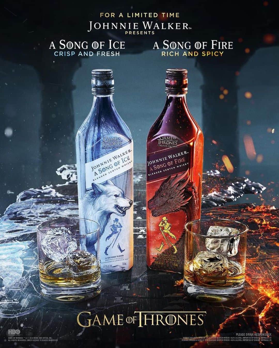 ピーター・ディンクレイジのインスタグラム：「Thank you @johnniewalkerus and @gameofthrones for sending me these two awesome Game of Thrones themed Johnnie Walker bottles! #JWSongofIce #JWSongofFire」