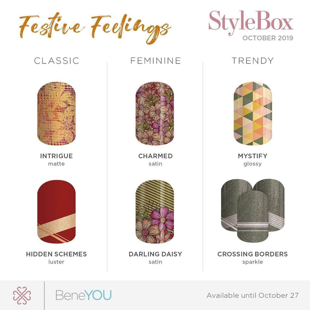 Jamberryさんのインスタグラム写真 - (JamberryInstagram)「Sneak peek, anyone?? Get FESTIVE 🧡 FEELINGS in any of next month’s StyleBox exclusives. . . . Customize your “Festive Feelings” StyleBox anytime between October 1-27 ((and don’t forget . . . StyleBox subscribes enjoy unlimited add-on’s, handpicked styles, and FREE shipping every month)). . . . #stylebox #styleboxjn #styleboxjnoctober2019 #jamberry #jamberrynails #beneyou #beneyoulife」9月27日 3時05分 - jamberry