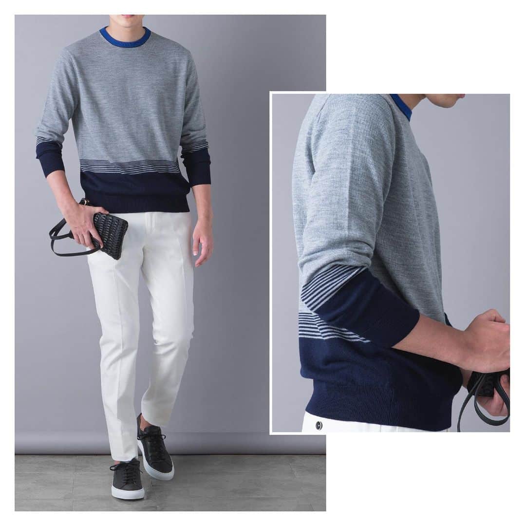 のインスタグラム：「【STYLE FILE】至高のウールカシミヤで秋支度 Exclusive Knits of Cruciani﻿ ﻿ はグレーをベースに、クルーネックにコバルトブルーを、ウエスト＆袖口まわりにダークネイビーのボーダーをあしらったモデル。一枚に同居するカラーブロックがさりげない個性を発揮し、清潔感あふれるプライベートスタイルが楽しめます。﻿ ﻿ Knit: #CRUCIANI﻿ Pants: #PT01﻿ Bags: #ILMICIO﻿ Shoes: #COMMONPROJECTS﻿ ﻿ @strasburgomens﻿ @cruciani_official﻿ @crucianijp﻿ ﻿ #strasburgo #strasburgomens #strasburgolife #stylefile #cruciani #mensfashion #mensstyle #mensclothing #ストラスブルゴ #ストラスブルゴメンズ #クルチアーニ #メンズスタイル #ニット #ウールカシミヤ」