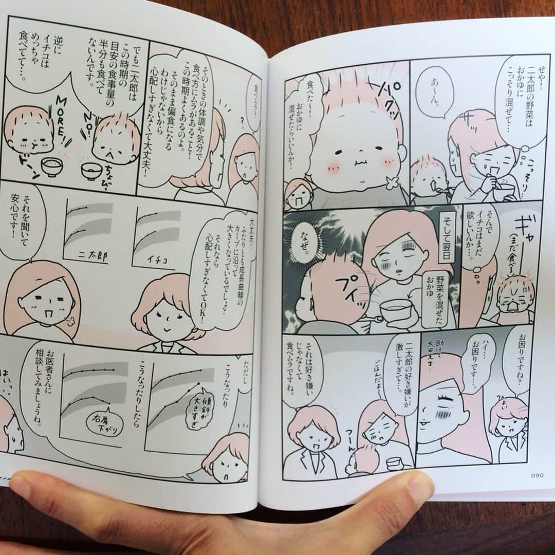 モチコさんのインスタグラム写真 - (モチコInstagram)「【お知らせ】 本日、私の2冊目の著書 「マンガでわかる！離乳食はじめてBOOK」(KADOKAWA) が発売となりました！  ドキドキドキドキジワァ…ドキドキジワドキドキ。 #動悸 #手汗  中身をちょろっと紹介すると、 『離乳食って？』という 離乳食をする理由や、道具や下ごしらえなどをざっくり説明する章があり、 あとは 『初期』『中期』『後期』『完了期』 の章があり、 それぞれに、 マンガでざっくり解説ページ (『離乳食って』の章にもあるよ)(写真2枚目)、 基本情報(写真3枚目)、 食材の下ごしらえ方法(写真4枚目) (初期は『離乳食って』にまとめてます)、 レシピと献立カレンダー(写真5〜6枚目)、 質問コーナーと先輩ママのテクニック紹介(7枚目) があります。 全192ページ！盛りだくさんの本です。  私自身、2人の子どもの離乳食をしたのですが、 もーーーー めんどくさくて ややこしくて いろんなことで悩む。  この本ではそれらをなるべく解消すべく、  離乳食界(何それ)でよく聞く 「ひとさじ」を「小さじ1」にしたり、  ママが毎食献立を考えずとも、 書いてある通りにまとめて 食材の下ごしらえすれば、 あとはちょっとの手間で 毎食栄養バランスバッチリの 離乳食を作れるような 『献立カレンダー』を付けたり (発案者のように説明してるけど 編集さんのアイデア)、 あるあるな悩みから 「そこ聞く？」みたいなことまで たくさんQ&Aも付けたり、  先輩ママのリアルなテクニックを 紹介したり、  調理法もいろんなパターンを載せたりして、  タイプも環境も異なるそれぞれのママが 自分に合う方法を見つけて、 気持ちも手間も なるべく楽に離乳食を作れるようにしました！ 「私にはこれが合ってる」を 見つけてもらえたらいいなぁ。  そしてもうひとつ 本を通じて伝えたかったのが、 「離乳食、子どもが嫌がって 食べなくても大丈夫！」 ということ。  以前ブログやインスタで 「子どもが離乳食を 食べなくて悩んでる」 という趣旨のコメントを いくつかいただいたことがあり、 「離乳食食べない…」って 落ち込むママさんを 慰められるような、 励ませるような、 そんな本にもできないかなと 思って作りました。 (もちろん「大丈夫」だけではなくて 「こうなったら要注意」 の情報もあります)  あともういっこ、 私の経験上 「どうやっても食べない子もいる。それもその子の個性！」 も伝えたくて、 「ママがニコニコ、明るい食卓にしたら食べました！」 みたいなストーリーにはしませんでした！笑 いやもう食べへん子は頑なに口開けへんねん…。しゃーない。そういうもん。 …と、ここまで私の思いを 長々と書きましたが、 それを形にしてくださったのは、私以外のたくさんの方で。  献立カレンダーを作ってくださった管理栄養士の藤原朋未先生、 本全体の監修をしてくださった 管理栄養士の太田百合子先生、  私の本への思いや考えを聞いて、 本のページ構成や文章、 漫画のストーリーの骨子を作ったり、 管理栄養士の先生方との やりとりをしたり、 撮影に立ち会ったりをしてくださった 編集さんとライターさん、  リアルな先輩ママの声として フォロワーさんや 編集さんの周りのママが知恵を 授けてくださって、  さらに本のデザイナーさん、営業さん、本屋さん…  いろんな方のおかげでこの本が本日発売となりました！  そしてもちろん、インスタやブログで応援してくださってるフォロワーの皆様。 皆様のおかげで、出版する機会をいただくことができました。 本当に本当にありがとうございます。  この本が、離乳食をがんばる親御さんの一助となりますように！ 長々と失礼いたしました〜！ #離乳食はじめてBOOK」9月28日 8時18分 - mochicodiary