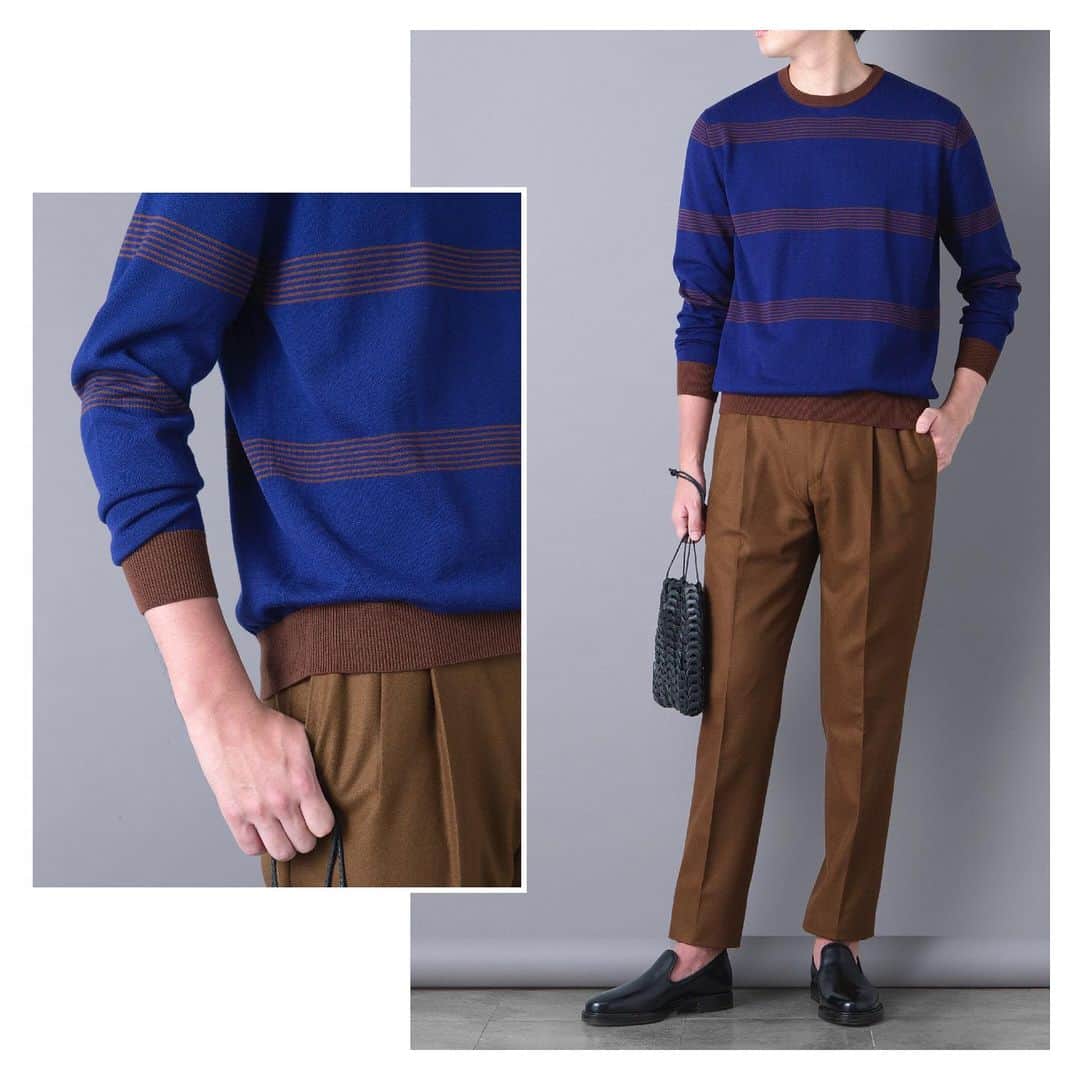 のインスタグラム：「【STYLE FILE】至高のウールカシミヤで秋支度 Exclusive Knits of Cruciani﻿ ﻿ 鮮やかなコバルトブルーをベースに、7本セットの繊細なブラウンボーダーをのせた秋らしい配色。一枚で着ても、ジャケットやコートのインナーとしてきかせてもOKの洒脱な存在感が目をひきます。﻿ ﻿ Knit: #CRUCIANI﻿ Pants: #PT01﻿ Bags: #ILMICIO﻿ Shoes: #STRASBURGO﻿ ﻿ @strasburgomens﻿ @cruciani_official﻿ @crucianijp﻿ ﻿ #strasburgo #strasburgomens #strasburgolife #stylefile #cruciani #mensfashion #mensstyle #mensclothing #ストラスブルゴ #ストラスブルゴメンズ #クルチアーニ #メンズスタイル #ニット #ウールカシミヤ」