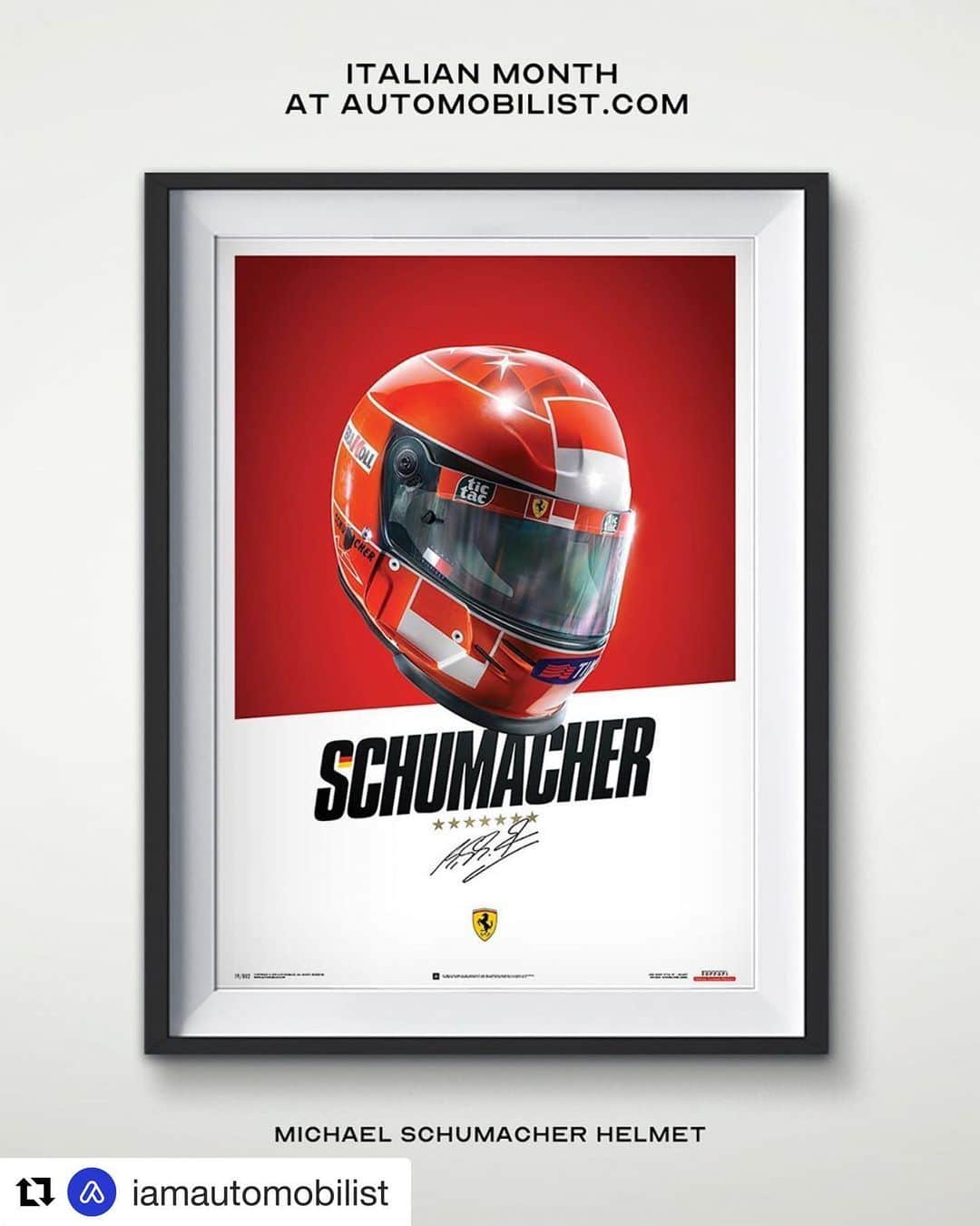 ミハエル・シューマッハさんのインスタグラム写真 - (ミハエル・シューマッハInstagram)「#Repost @iamautomobilist with @get_repost ・・・ The final hero of Automobilist's #ItalianMonth: The 7 times World Champion's Crown. The Michael Schumacher Helmet. @michaelschumacher Holding the record for most Formula 1 wins and titles, including a record of 5 with a single team - Ferrari. @f1 @scuderiaferrari Proceeds from the Schumacher Collection go to the Keep Fighting Foundation. @keepfighting Shop now and receive a free gift! Go to Automobilist.com and look for Italian Month banner for more info @iamautomobilist #iamautomobilist #schumacher #michaelschumacher #keepfighting #teammichael #Michael50 #scuderiaferrari #ferrari #helmet #f1 #formula1 #formulaone #2000 #racing #design #poster #posterdesign」9月28日 21時30分 - michaelschumacher
