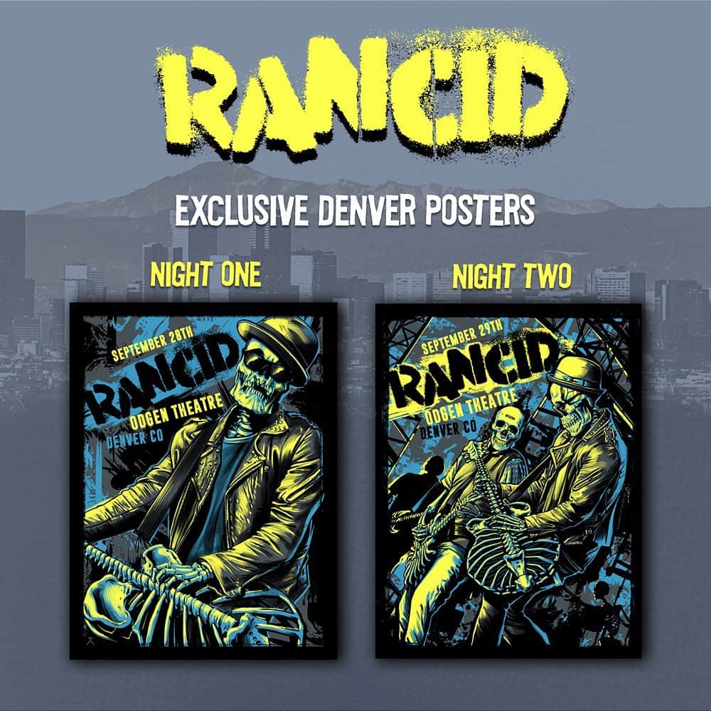 Rancidさんのインスタグラム写真 - (RancidInstagram)「Denver we are here for 2 nights at the @ogdentheatre! Here are the posters available at each show. See you there  Art by: @alex_zablotsky」9月29日 1時50分 - rancid