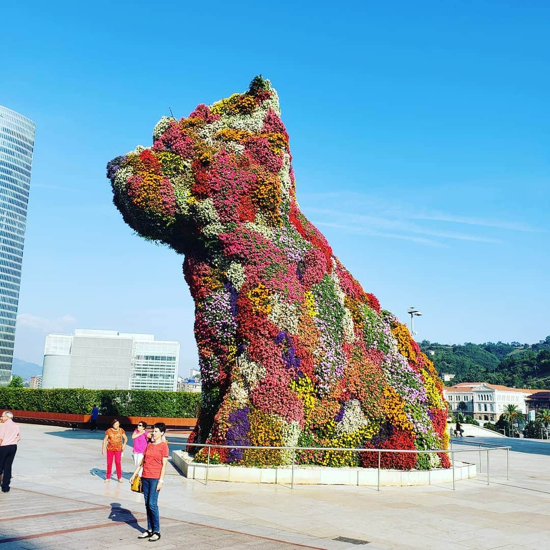 ウェスリー・キリングのインスタグラム：「All dogs are good dogs, especially a giant flower doggo 🇪🇦🐶🐕 . . . . . #bilboa #spain #Guggenheim #flowerdog #dogs #travel #independenceoftheseas」