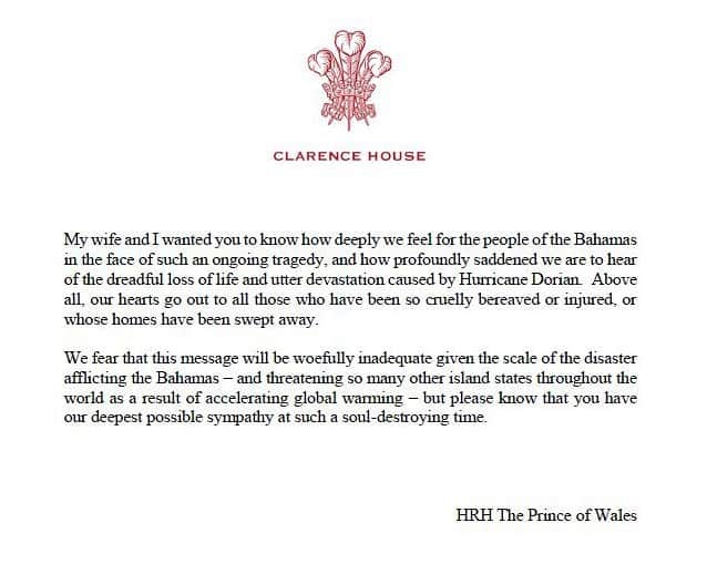 クラレンス邸さんのインスタグラム写真 - (クラレンス邸Instagram)「‪The Prince of Wales has sent a message of condolence to the Prime Minister of the Bahamas following Hurricane Dorian.‬」9月5日 20時25分 - clarencehouse