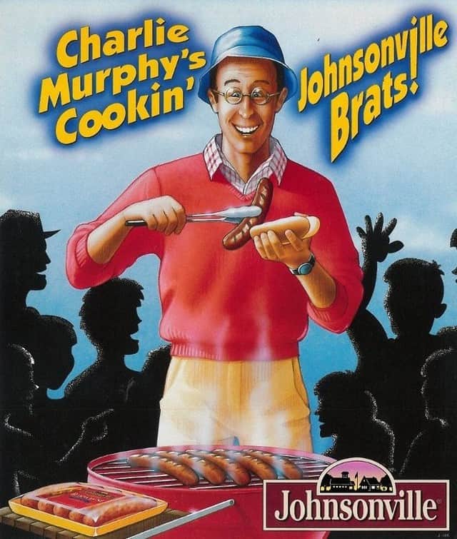 ジョンソンヴィルのインスタグラム：「#TBT to that time when Charlie Murphy was cooking Johnsonville brats. Link in bio if you're like us and now have to watch the commercial.  Image: throwback cartoon illustration of a 1998 point of sale sign depicting Johnsonville commercial sensation Charlie Murphy behind the grill.」