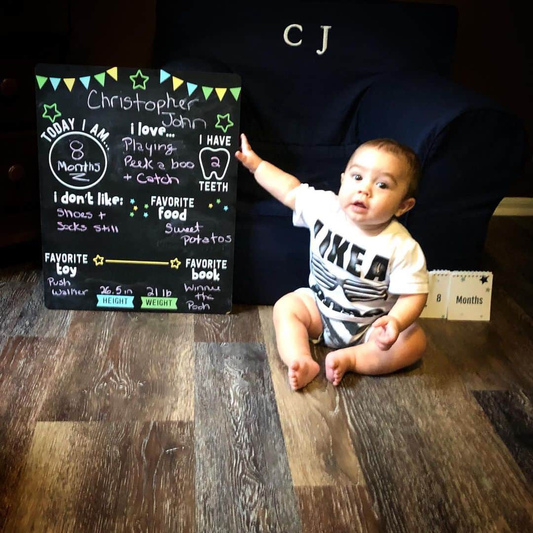 ディーナ・ニコール・コルテーゼさんのインスタグラム写真 - (ディーナ・ニコール・コルテーゼInstagram)「Hey guys! It’s me CJ taking over mommys instagram! 💙 I’m 8 months old today! This past month flew by! Mommy let me try ice cream and boy was it delicious! I couldn’t get enough! I took a trip with my mommy and Grandma to Florida and met so many cool people I had such a blast! That was my second time on a plane and mommy told me I did such a good job! I love playing peek a boo and love playing catch! It’s my favorite ! I also love being chased in my walker ..and running around in my go around toy .. lol daddy thinks I’m gonna be a track star lol  and I started walking on my own with the push walker .. but mommy makes sure she’s right there with me in case I fall .. I still hate shoes and socks lol ..every time mommy puts them on me I kick them off 🤷🏻‍♀️ what can I say I’m the boss! I absolutely love food and my mommy says I’m a real meatball at a whopping 21 pounds! I also have 2 teeth now! Thank you all for following me and my mommy .. we all know her instagram is basically mine now 🤣」9月6日 2時17分 - deenanicole