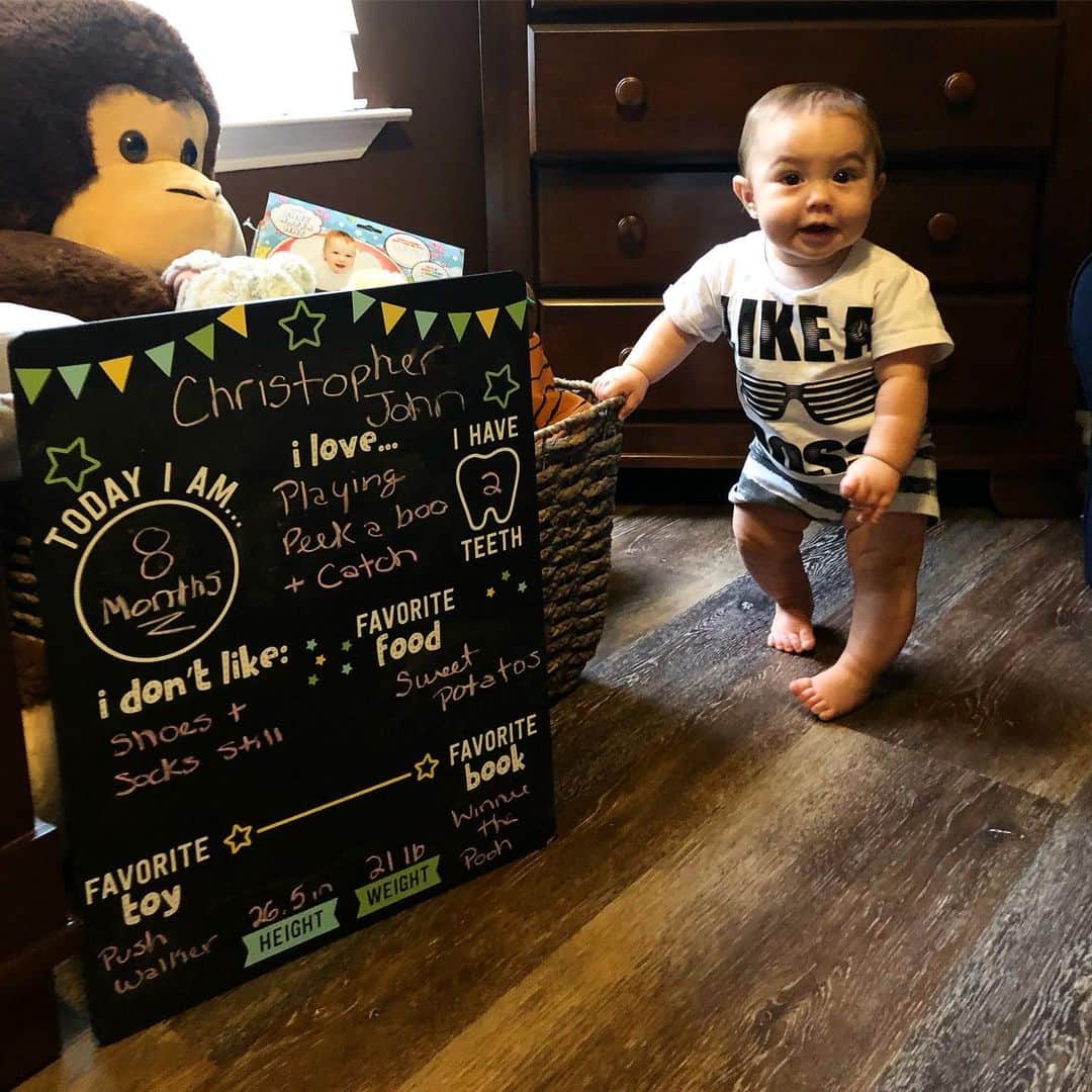 ディーナ・ニコール・コルテーゼさんのインスタグラム写真 - (ディーナ・ニコール・コルテーゼInstagram)「Hey guys! It’s me CJ taking over mommys instagram! 💙 I’m 8 months old today! This past month flew by! Mommy let me try ice cream and boy was it delicious! I couldn’t get enough! I took a trip with my mommy and Grandma to Florida and met so many cool people I had such a blast! That was my second time on a plane and mommy told me I did such a good job! I love playing peek a boo and love playing catch! It’s my favorite ! I also love being chased in my walker ..and running around in my go around toy .. lol daddy thinks I’m gonna be a track star lol  and I started walking on my own with the push walker .. but mommy makes sure she’s right there with me in case I fall .. I still hate shoes and socks lol ..every time mommy puts them on me I kick them off 🤷🏻‍♀️ what can I say I’m the boss! I absolutely love food and my mommy says I’m a real meatball at a whopping 21 pounds! I also have 2 teeth now! Thank you all for following me and my mommy .. we all know her instagram is basically mine now 🤣」9月6日 2時17分 - deenanicole