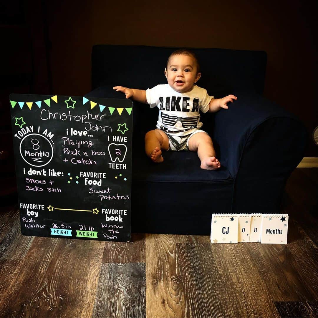 ディーナ・ニコール・コルテーゼさんのインスタグラム写真 - (ディーナ・ニコール・コルテーゼInstagram)「Hey guys! It’s me CJ taking over mommys instagram! 💙 I’m 8 months old today! This past month flew by! Mommy let me try ice cream and boy was it delicious! I couldn’t get enough! I took a trip with my mommy and Grandma to Florida and met so many cool people I had such a blast! That was my second time on a plane and mommy told me I did such a good job! I love playing peek a boo and love playing catch! It’s my favorite ! I also love being chased in my walker ..and running around in my go around toy .. lol daddy thinks I’m gonna be a track star lol  and I started walking on my own with the push walker .. but mommy makes sure she’s right there with me in case I fall .. I still hate shoes and socks lol ..every time mommy puts them on me I kick them off 🤷🏻‍♀️ what can I say I’m the boss! I absolutely love food and my mommy says I’m a real meatball at a whopping 21 pounds! I also have 2 teeth now! Thank you all for following me and my mommy .. we all know her instagram is basically mine now 🤣」9月6日 2時17分 - deenanicole