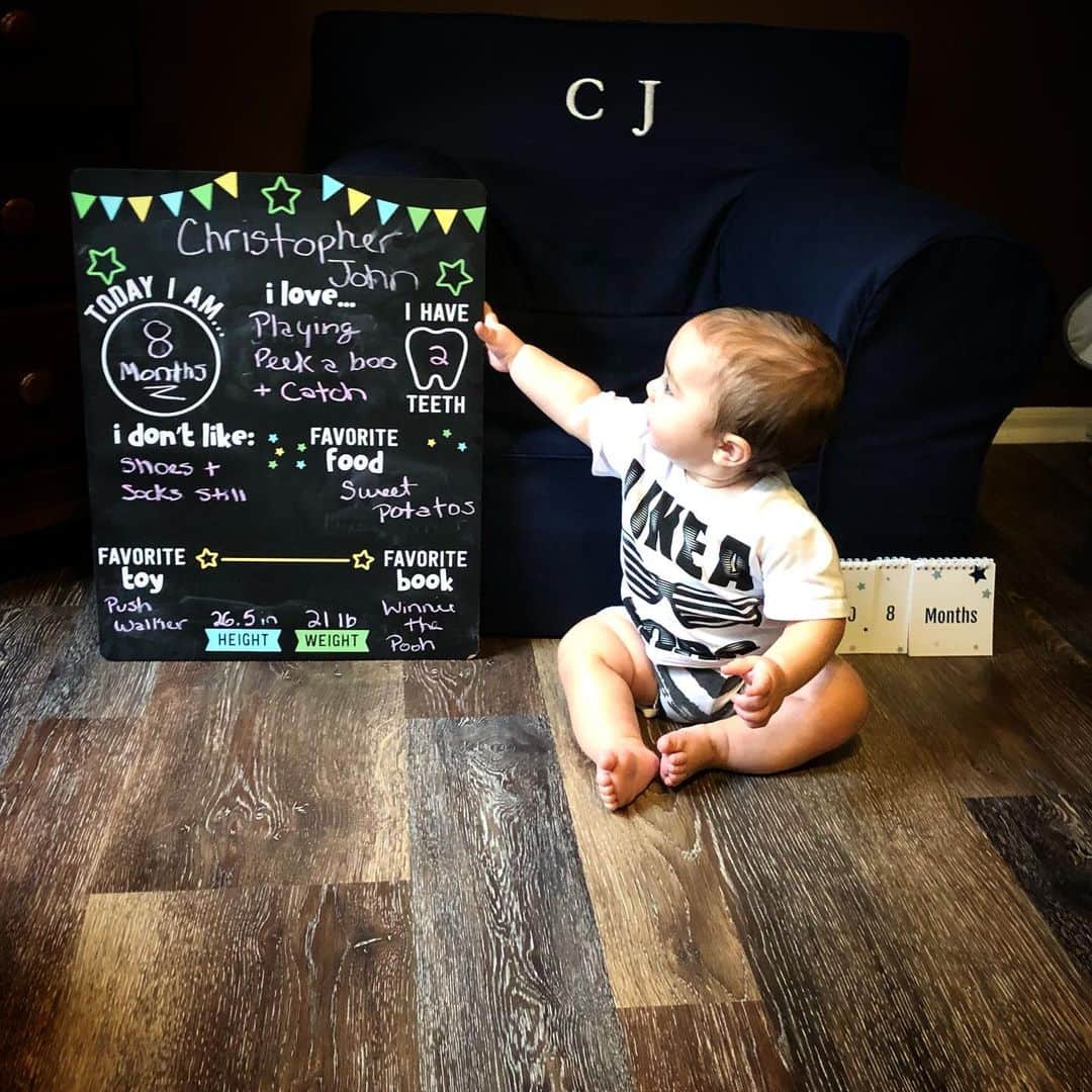 ディーナ・ニコール・コルテーゼのインスタグラム：「Hey guys! It’s me CJ taking over mommys instagram! 💙 I’m 8 months old today! This past month flew by! Mommy let me try ice cream and boy was it delicious! I couldn’t get enough! I took a trip with my mommy and Grandma to Florida and met so many cool people I had such a blast! That was my second time on a plane and mommy told me I did such a good job! I love playing peek a boo and love playing catch! It’s my favorite ! I also love being chased in my walker ..and running around in my go around toy .. lol daddy thinks I’m gonna be a track star lol  and I started walking on my own with the push walker .. but mommy makes sure she’s right there with me in case I fall .. I still hate shoes and socks lol ..every time mommy puts them on me I kick them off 🤷🏻‍♀️ what can I say I’m the boss! I absolutely love food and my mommy says I’m a real meatball at a whopping 21 pounds! I also have 2 teeth now! Thank you all for following me and my mommy .. we all know her instagram is basically mine now 🤣」
