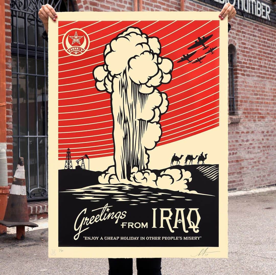 Shepard Faireyのインスタグラム：「Appropriation is the common currency of artistic practice. Every new work of art builds upon the creative juices of predecessors. In “Greetings from Iraq,” Fairey draws from a humble postcard from Yellowstone National Park that features one of the park’s main attractions, the Old Faithful geyser. The artist inserts oil derricks, the desired natural resource, and arguably the true cause of the war, as well as camels in the background. The exploding stream of boiling water and vapor convert into an explosion in this piece. Donald Rumsfeld, the Secretary of Defense during the second Gulf War in the mid-2000s, promoted the strategy of “shock and awe.” This tactic consisted of dropping heavy bomb loads across the country to demonstrate overwhelming power and formidable force to demoralize and defeat the Iraqi army. Ironically, the explosive power of the shock and awe military tactic has a similar appeal to the spectacular force of Old Faithful, the natural wonder.⁠⠀ - Description written by co-curator Pedro Alonzo.⁠⠀ ⠀⠀⠀⠀⠀⠀⠀⠀⠀⁣⁠⠀ “Enjoy a cheap holiday on other people’s misery,” found at the bottom of the image, is a lyric from the 1977 song “Holiday in the Sun” by the Sex Pistols. Fairey, a fan of punk rock and the DIY culture, commonly inserts references to one of his favorite musical genres. The phrase refers to sending soldiers to foreign lands and the suffering of the local inhabitants. The lyrics recall the Vietnam War era anti-war slogan, “Join the army, travel the world, meet interesting people and kill them.”⁠⠀ ⠀⠀⠀⠀⠀⠀⠀⠀⠀⁣⁠⠀ Greetings From Iraq. Serigraph on Coventry Rag, 100% Cotton Custom Archival Paper with hand-deckled edges. 30 x 41 inches. Signed by Shepard Fairey. Numbered edition of 89. Comes with a certificate of authenticity. $900. Available Tuesday, September 10th @ 10 AM PDT at store.obeygiant.com/collections/prints. Max order: 1 per customer/household. *Orders are not guaranteed as demand is high and inventory is limited.* Multiple orders will be refunded. International customers are responsible for import fees due upon delivery.⁣ ALL SALES FINAL.」