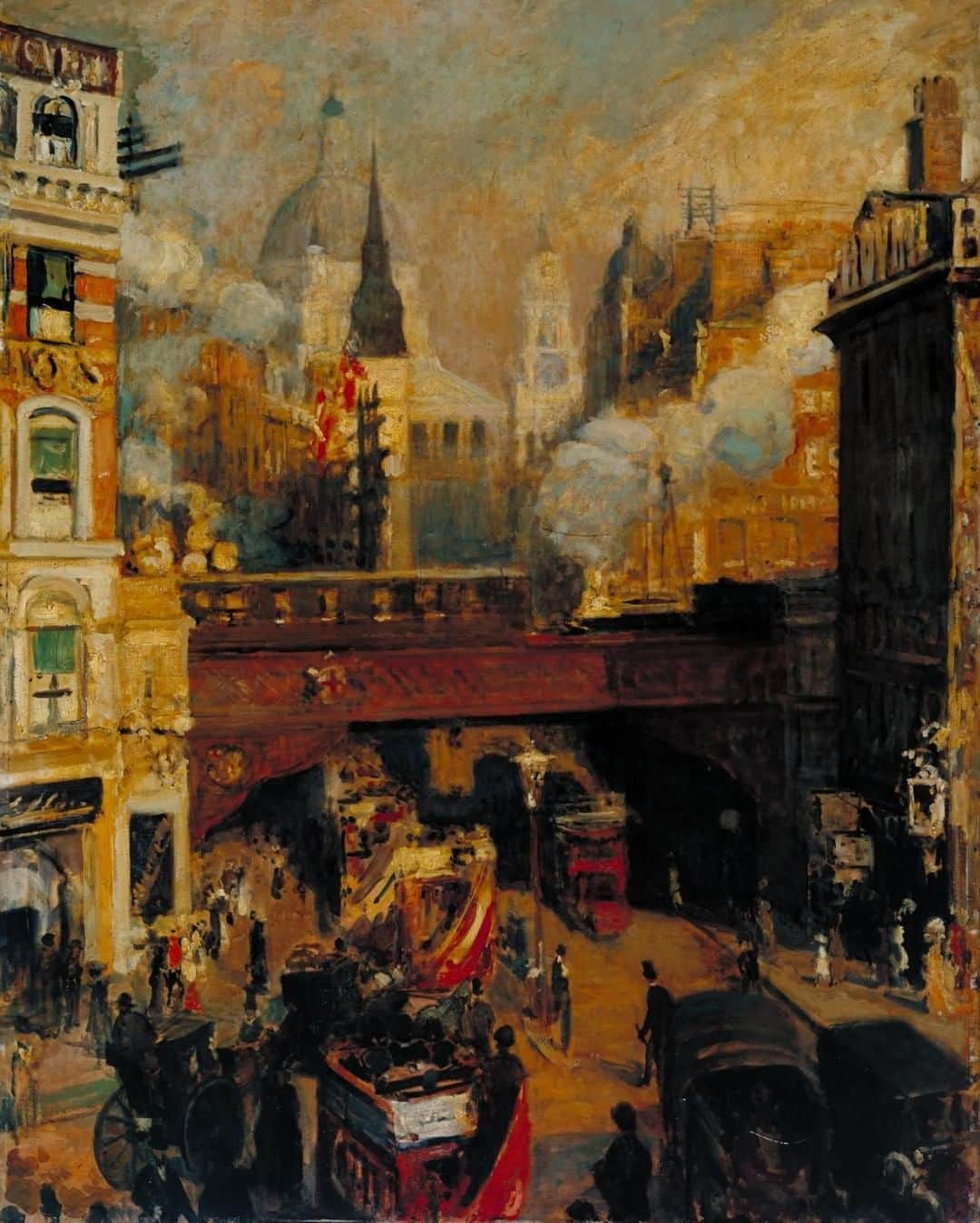 テート・ギャラリーさんのインスタグラム写真 - (テート・ギャラリーInstagram)「Jacques-Emile Blanche's painting from 1910 shows the view from Ludgate Circus, looking towards St Paul’s. The foreground is crowded with hansom cabs and motor buses (the horse-drawn bus being a rare sight by this time). A steam train crosses Ludgate Hill railway bridge 🚂 (this was demolished in 1990 to make way for the Thameslink.) Blanche painted many views of London, where he kept a studio from 1905. He also had a four-wheeled vehicle that he used as an extra studio to make paintings of the city.  See the painting on free display at Tate Britain.」9月6日 5時26分 - tate