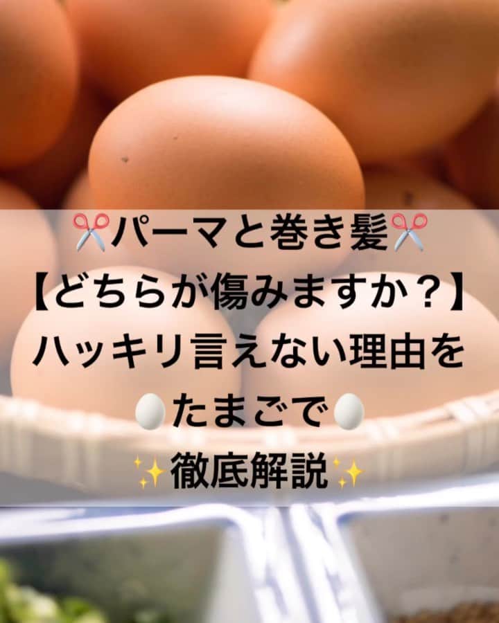 鶴谷和俊のインスタグラム：「【ヘアケア】パーマと巻き髪【どちらが傷みますか？】ハッキリ言えない理由 ・ をたまごで徹底解説🥚笑 ・ 理解すれば、理由がわかるはず🙋‍♂️ ・ 参考にしてくださいね😊 ・ #ドライヤー #乾かし方 #くせ #くせ毛 #クセ毛 #くせ毛  #パサつき  #ヘアケア  #ヘアケア方法 #ヘアケアの仕方 #髪質改善 #髪質  #髪の毛 #トリートメント #縮毛矯正 #ストレートパーマ #美容師 #美容院 #ヘアサロン #鶴谷和俊」