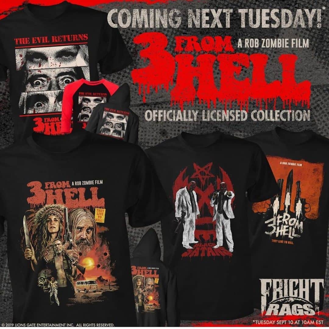 ロブ・ゾンビのインスタグラム：「Dig this killer 3 From Hell swag coming your way from @frightrags !!! 💀#3fromhell #robzombie #sherimoonzombie #richardbrake #billmoseley #emiliorivera #theblacksatans #freethethree #thedevilsrejects #jeffdanielphillips #sidhaig」