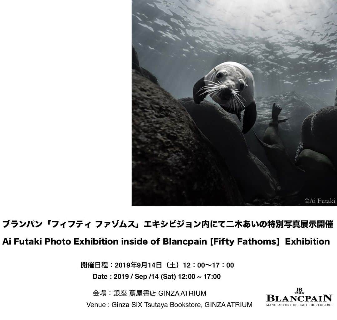 二木あいさんのインスタグラム写真 - (二木あいInstagram)「I will be at the Exhibition from 12:00 ~ 17:00. Please come and join me😆✨💪 Ai Futaki Photo Exhibition inside of Blancpain [Fifty Fathoms] Exhibition Date : Sep-14 (Sat) 12:00 ~ 17:00  Venue : Ginza SIX Tsutaya Bookstore, GINZA ATRIUM  ブランパン「フィフティ ファゾムス」エキシビジョン内にて二木あいの特別写真展示開催  開催日程 : 9月14日(土)12:00~17:00  会場 : 銀座 蔦屋書店 GINZA ATRIUM  #underwater #freediving #underwaterworld #onebreath #zen #tranquility #health #love #happiness #smile #life #calmness #mindfullness #communication #mind #serenity #beauty #oneness #interaction #nature #ocean #earth #coexist #aifutaki #freedivingphotography #blancpain #blancpainoceancommitment」9月6日 9時32分 - aifutaki