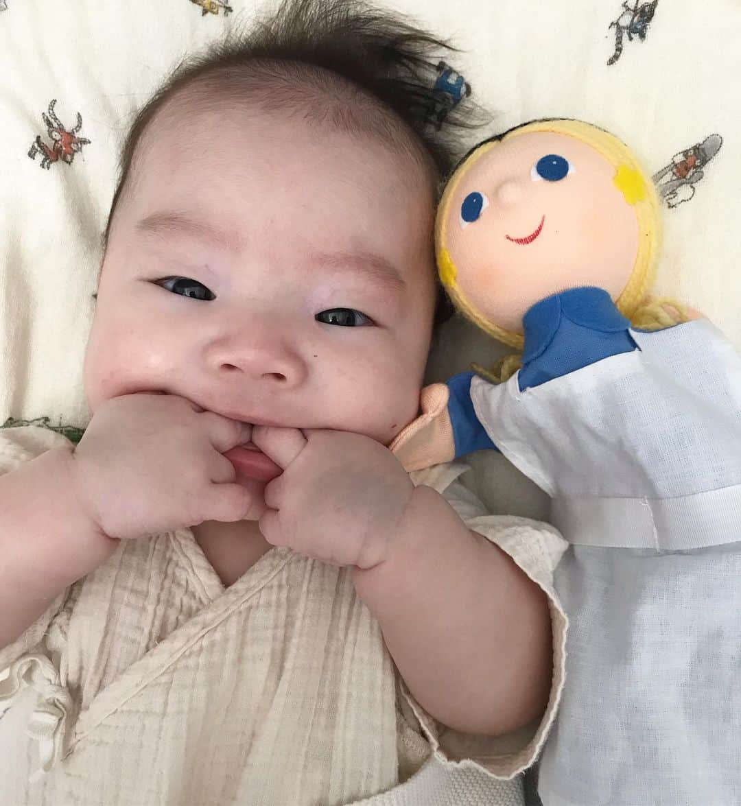 濱中鮎子のインスタグラム：「朝起きたらこの状態でニコニコしていた😂  #お嬢 #今週来週は仕事モードでごめんね #しっかり不在にする理由を伝えて出てきました  #お友達のシェリーちゃん」