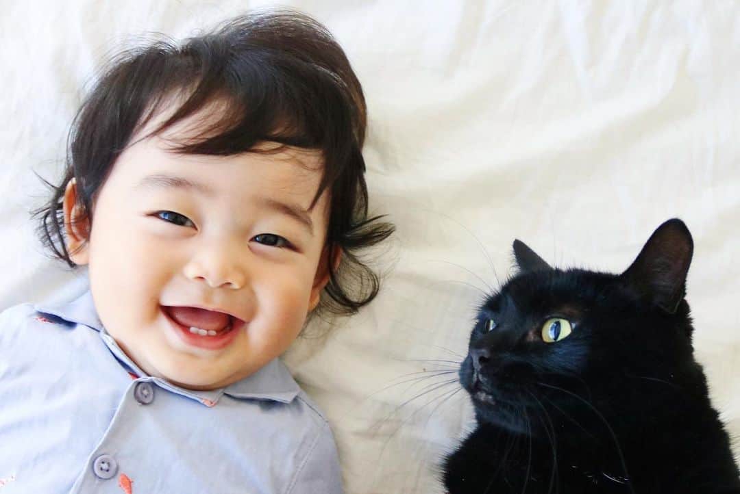 ギネス & ピムスのインスタグラム：「06/09/2019 Happy Friday! ・ Today, in Japan, it's Black Cat Appreciation Day. ・ Nagi says, Happy Black Cat Day, Guinness. We make a good team, right?! ・ Have a nice weekend! ・ ・ 今日は#黒猫の日 という事で ギネスと凪くんのツーショット。 温度差。笑 王子も心の中では凪くんみたいに笑ってるといいな😂 ちなみにピム丸バージョンもあるので後日postする予定。 ・ ストレスが溜まってるので、 凪くん寝たら 黒猫の日のタグを見て 可愛い黒猫拝もうと思います。笑 それでは皆さま 素敵な週末をお過ごし下さい♬ ・ ・ #ギネスくん #ギネピムと凪くん  #9monthsold #生後9ヶ月  #babyboy #男の子ベビー #赤ちゃんのいる生活 #赤ちゃんのいる暮らし #赤ちゃんと猫 #猫と赤ちゃん」