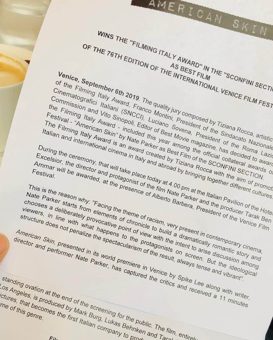 ネイト・パーカーさんのインスタグラム写真 - (ネイト・パーカーInstagram)「Grazie @labiennale for embracing #AmericanSkin, a film we believe will curb police violence and charter a path toward confronting #implicitbias and ultimately saving lives in #TheUnitedStates and abroad.  Dedicating this award to my cast and crew who sacrificed that the project might have maximum impact. Thank you @beauknapp @omarihardwickofficial @theorossi @tonyj_espinosa @shanepaulmcghie @milaunajemai @itsmomcrae @ryan.mulkay @theannalynnemccord @thesierracapri @brightonsharbino @ztanjeloff @lightlukas @vanessabellcalloway @eagle.pictures & all I missed. ❤️ y’all! We’ve created a movement.  #asaferUSA #forourchildrenschildren #takeabeatsavealife」9月7日 10時10分 - origi_nate