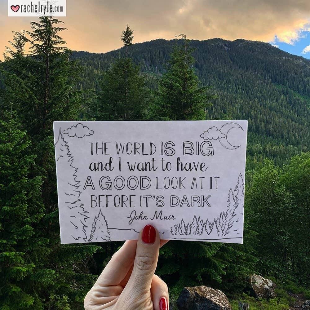 Rachel Ryleさんのインスタグラム写真 - (Rachel RyleInstagram)「Words can’t really express the beauty of Whistler! Though throughout my journey & long hikes, the words of John Muir have never resonated so deeply in my soul. I knew I wanted to capture his meaningful quotes throughout moments of our 10 hour hike to Cheakamus Lake, what I didn’t realize is how much they were going to come alive in the surreal setting & stunning scenery. Mountains have always had a special place in my heart, but this hike outdid any moment I’ve ever had in nature. I still get emotional thinking about how grateful I felt in that forest for the opportunity to travel with @natgeo |@natgeotravel (Seriously!? Who would have thought my art would lead to so much beauty & amazing opportunities. Not bragging, simply giving thanks & gratitude for the good in my life - all thanks to my love for art & creating). I’m putting together some footage that I’ll be sharing in my Story later today of our daylong hike. If you need a moment of mountain beauty, I suggest you tune in and come along for the stroll! I’d love to share the memory & moment with you! #illustration #drawing #mountain #mountaineer #mountainlove #forest #whistler #britshcolumbia #hike #hiking #lake #cheakamuslake #quote #quotes #johnmuir #johnmuirquote」9月7日 2時31分 - rachelryle