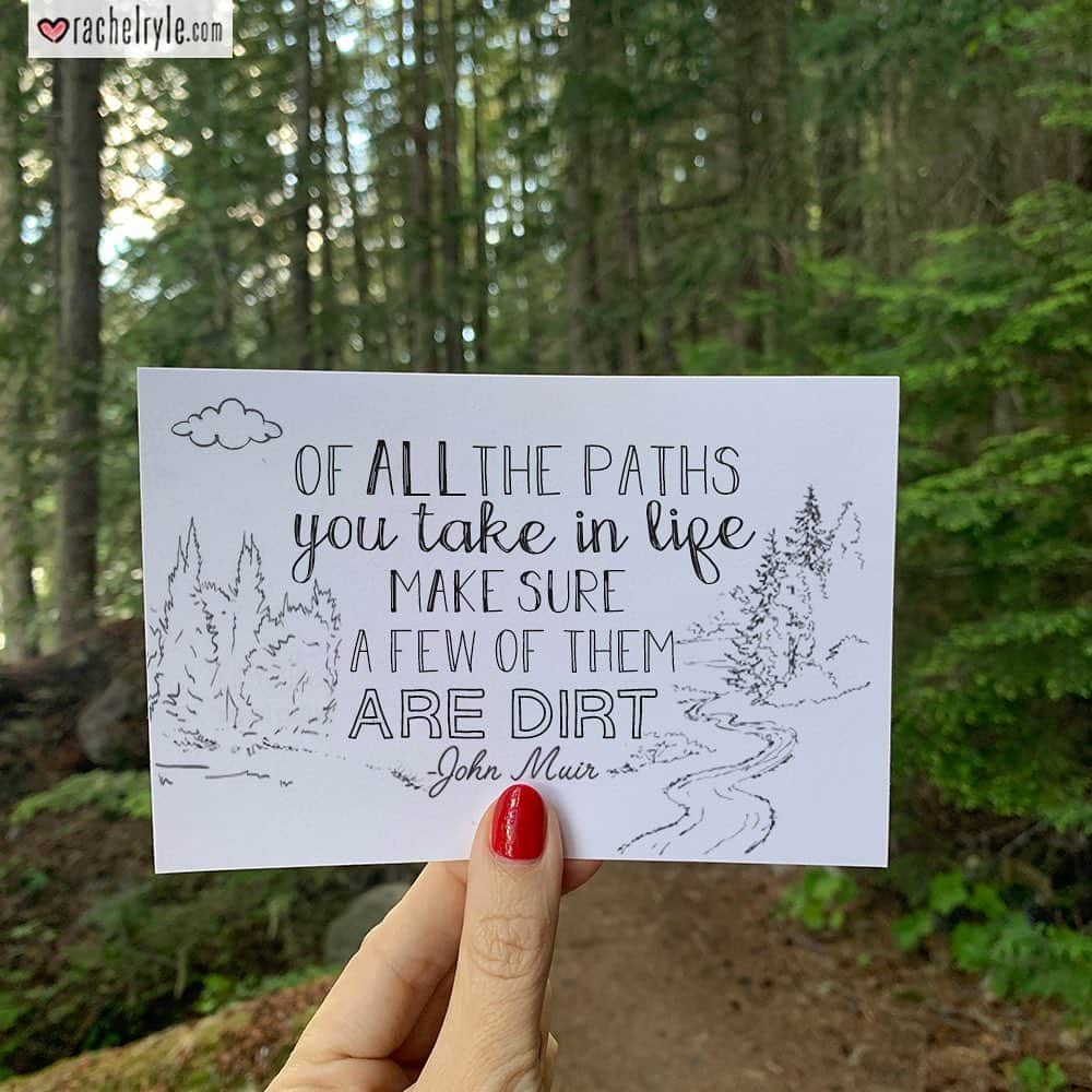 Rachel Ryleさんのインスタグラム写真 - (Rachel RyleInstagram)「Words can’t really express the beauty of Whistler! Though throughout my journey & long hikes, the words of John Muir have never resonated so deeply in my soul. I knew I wanted to capture his meaningful quotes throughout moments of our 10 hour hike to Cheakamus Lake, what I didn’t realize is how much they were going to come alive in the surreal setting & stunning scenery. Mountains have always had a special place in my heart, but this hike outdid any moment I’ve ever had in nature. I still get emotional thinking about how grateful I felt in that forest for the opportunity to travel with @natgeo |@natgeotravel (Seriously!? Who would have thought my art would lead to so much beauty & amazing opportunities. Not bragging, simply giving thanks & gratitude for the good in my life - all thanks to my love for art & creating). I’m putting together some footage that I’ll be sharing in my Story later today of our daylong hike. If you need a moment of mountain beauty, I suggest you tune in and come along for the stroll! I’d love to share the memory & moment with you! #illustration #drawing #mountain #mountaineer #mountainlove #forest #whistler #britshcolumbia #hike #hiking #lake #cheakamuslake #quote #quotes #johnmuir #johnmuirquote」9月7日 2時31分 - rachelryle