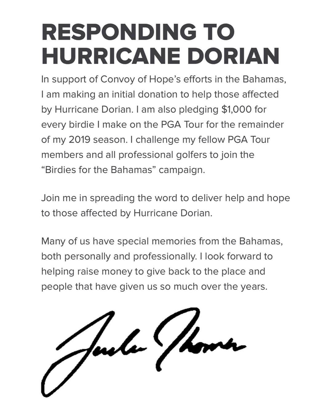 ジャスティン・トーマスのインスタグラム：「I encourage any and all people to join me in helping Bahamas recovery from Dorian. Every dollar helps! Hit the link in my bio for more information #abacostrong #bahamasrelief #hurricanedorian」