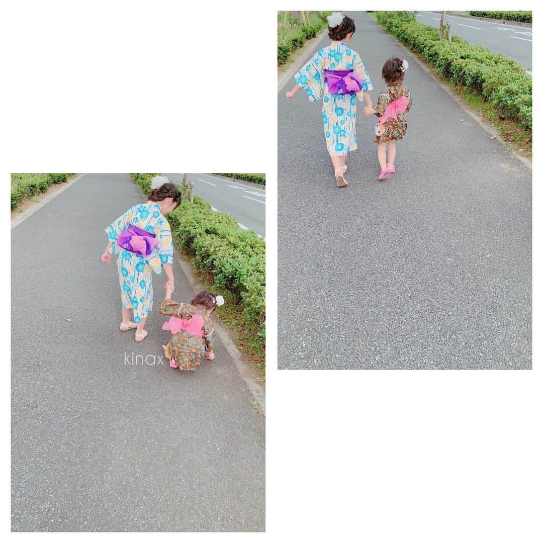kinaxのインスタグラム：「. good afternoon(๑′ᴗ‵๑)☀in Japan, and good morning, good evening, good night for world friends! . 今日は薄曇りだけどちょっと蒸しっとするね☁️ 台風が直撃しそうで心配だねぇ🌪 あまり酷くありませんように。 . . さてさて、先週お友達と一緒に夏祭りに🏮 . すぐママ抱っこーなむちこさんを連れて 人混みに行くのがしんどくて 足が遠のいていたのだけど お友達のお母さん達もみんな来るというので 重い腰を上げて行ってきたよʕ •́؈•̀ ₎🏮 . 遊び疲れて、帰りに寝てしまうかもと思って 小さいスリングも持っていったけど 1度も 抱っこーって言わずに 元気よく最後まで歩いて帰ってきたよʕ •́؈•̀ ₎✨ . 成長してるねぇー✨ . . そんなむちこさん 「しゃしん、カシャして！」って リクエストしてくるようになったので カメラを向けると こんな感じ(☞2枚目) . 本人イチオシのかわいいポーズらしいです笑笑 . . こういうのどこで覚えるんだろうな😂 . . みんなも楽しい1日を♡ . . #親バカ部 #kinaxちびっこs #夏祭り #浴衣 #もう短い #小さい子の兵児帯かわゆい #獅子舞に大泣きでした #出店は色々買いたくなってキケンだね 2019/09/07」