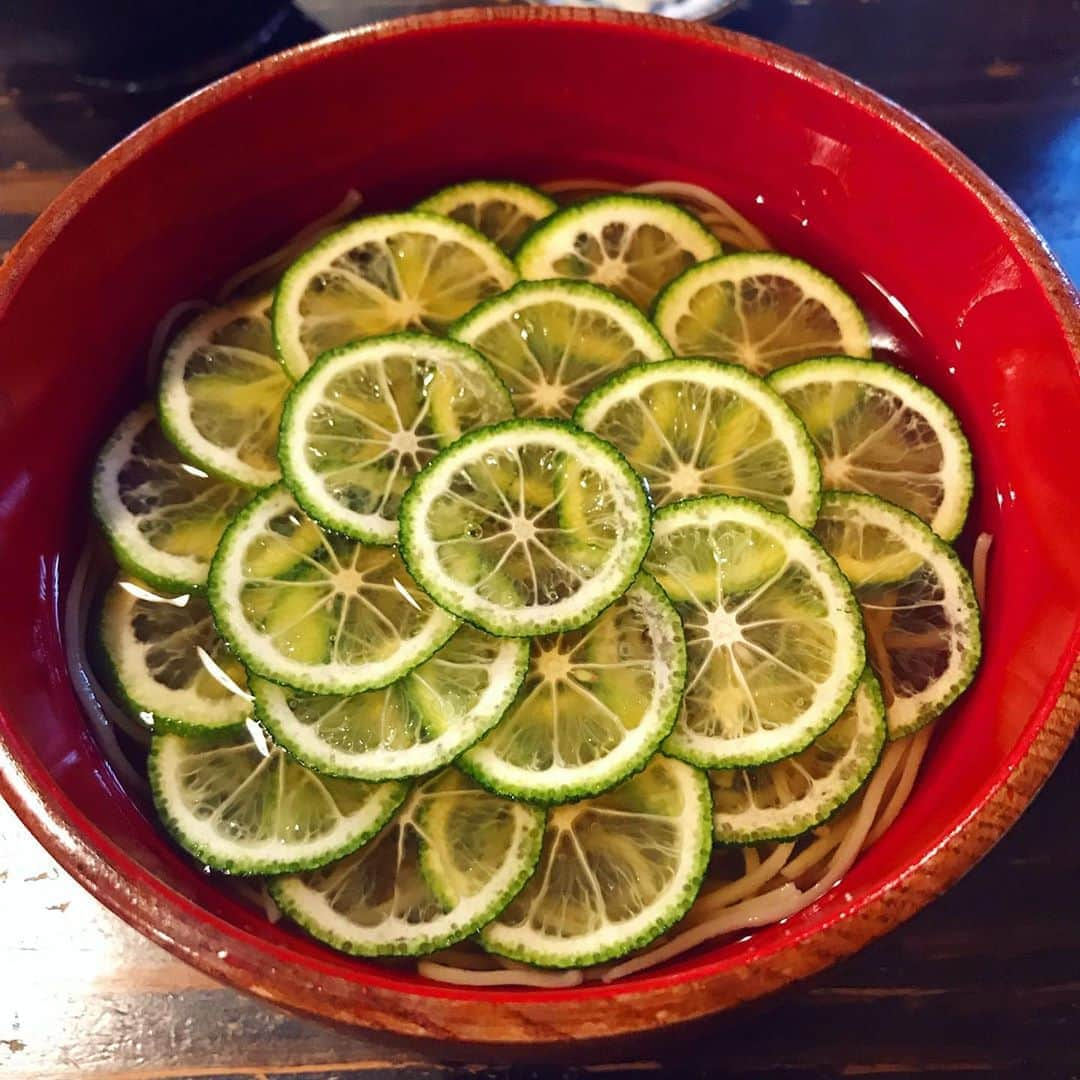 塚田文のインスタグラム：「これを食べないと夏を終わらせられないっっ！  なぜ食べる気になったかもう覚えていないのだけれど。  蕎麦に酢橘って😳💦と思ってたのに…  #すだち蕎麦 #夏に合う #夏に食べたい #土山人  #japantrip #japantravel #japanesenoodle #sobanoodles #dosanjin」