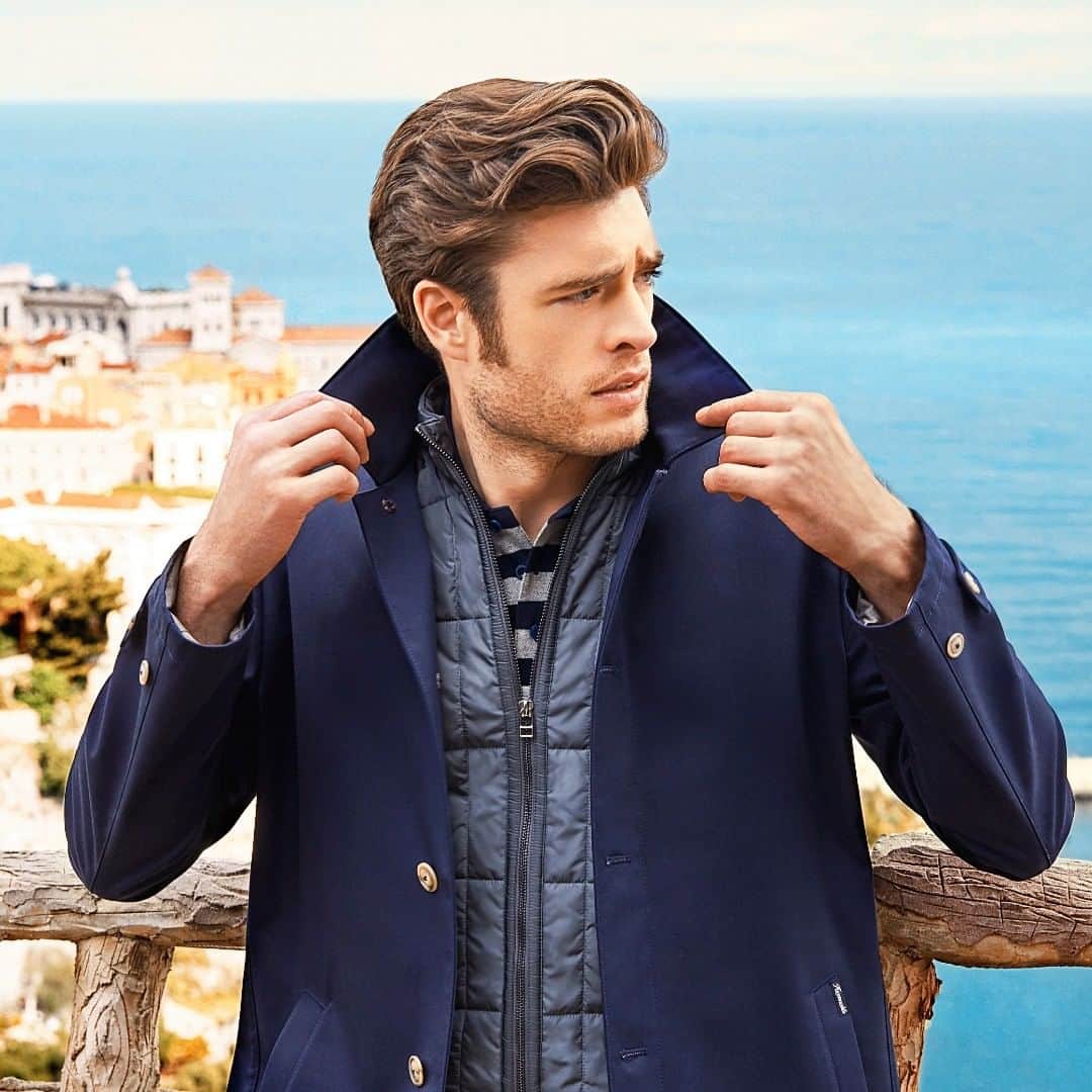 のインスタグラム：「Façonnable heritage and nautical style. Mix our trench coat with the voyage vest for the perfect combination. #Faconnable #FrenchRiviera #AutumnWinter19 #NewCollection #Jacket #Monaco」