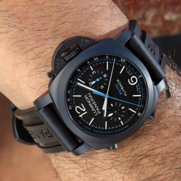 パネライのインスタグラム：「What are your thoughts of 1/3 of the new PCYC collection. The #Panerai #PAM788 44mm Ceramic Chrono Flyback. I am glad there is only one shade of blue used on the hands and paired with the white is a perfect contrast. Pic by @panerai_mea #paneraicentral」
