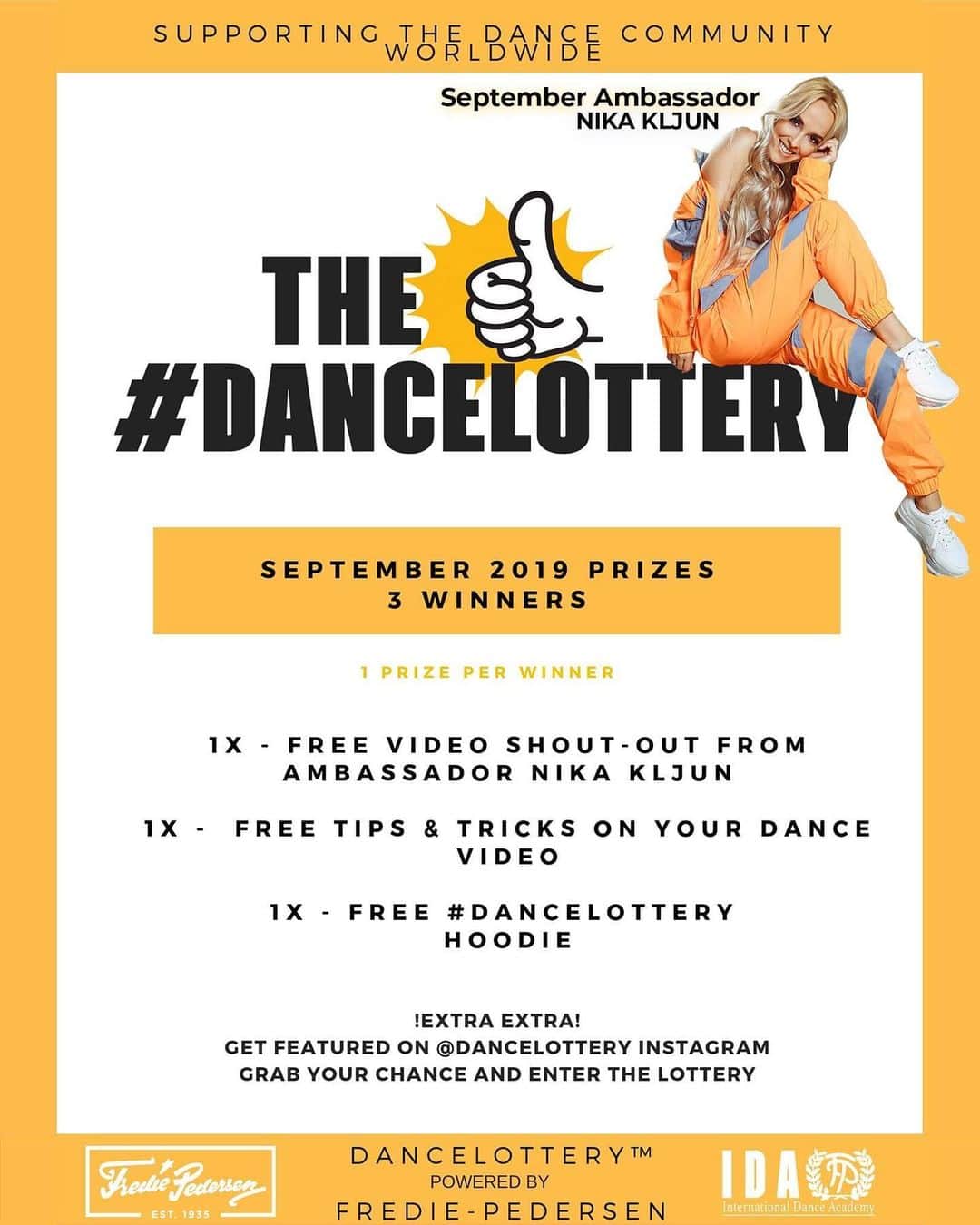 Nika Kljunのインスタグラム：「I’m back! 💃🏼 So happy to be the @dancelottery ‘s ambassador for the month of September! . I’ll be doing the VIDEO SHOUT-OUT which I’m so excited about! 🤩 Make sure you participate to get a chance to be the next winner. . Tag and hashtag #dancelottery in your dance videos and support the community around the world. Dance lottery is truly one of its kind! 😇🙌🏼 . For more details go to @dancelottery IG page - they have many more prizes guys... Every month!!! 👅🏆💪🏼 . Good luck 🍀😉 . #nikakljun #dancelottery #september #getachancetowin #winner🏆 #unitedwedance #dancevideos #danceclasses #freeprizes #hiphop #jazzdance #latindance #balet #contemporarydance #moderndance #bollywooddance #athleticdance #tapdance #breakdance #zumbadance #shoutoutvideo」