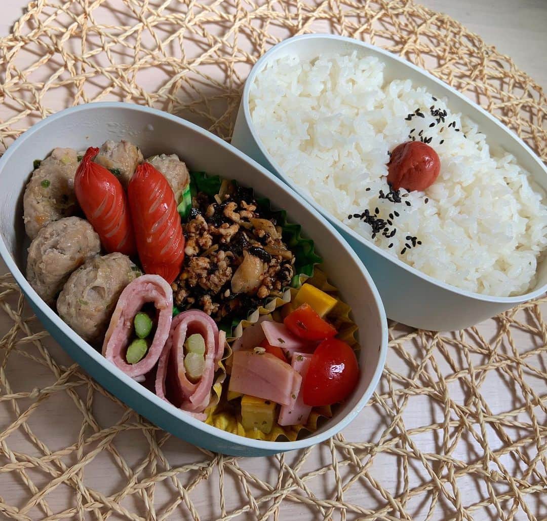 本田しおりのインスタグラム：「#今日のお弁当  #ネギ入り生姜ミニバーグ#韓国風そぼろ炒め#黄色ズッキーニとトマトのレモンマリネ#赤ウインナー#アスパラベーコン  #お弁当 #本田弁当 #旦那さん弁当  #神ちゃん弁当  #神弁」
