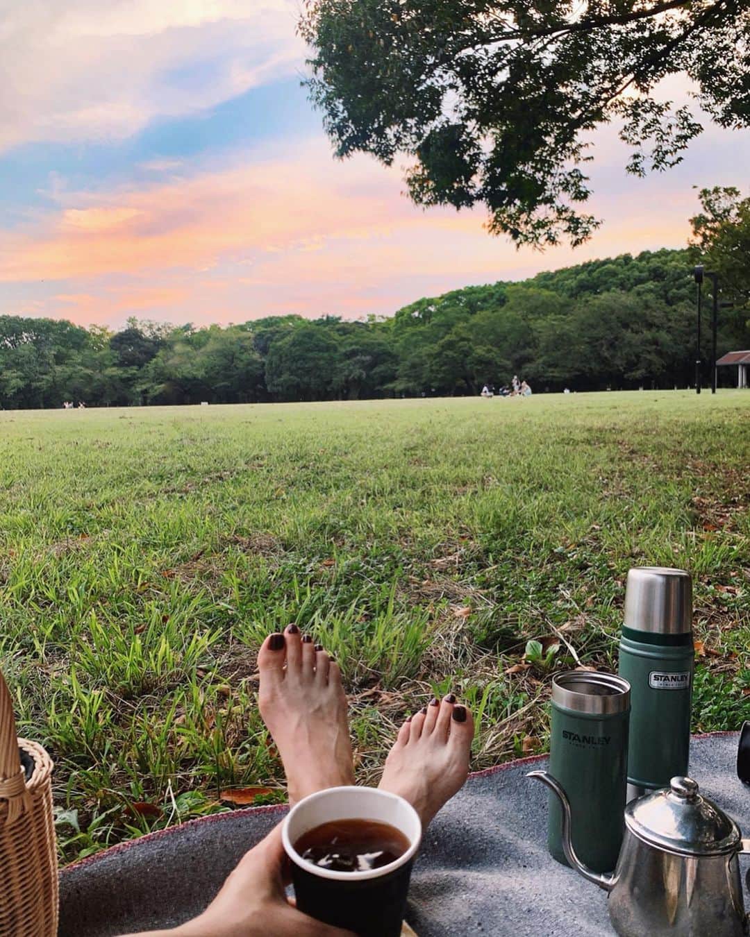のインスタグラム：「picnic lovers❤️﻿ のんびりゴロゴロしてたら夜になっていた。笑﻿ コーヒーと同じ色のペディキュア、お気に入りです☕️﻿ ﻿ みーちゃんがその場で豆を挽いて﻿ 美味しいコーヒーを淹れてくれたんだぁ。﻿ 氷も持ってきてくれていて、﻿ なんと、アイスコーヒーになった。﻿ ピザポテトのチーズが多いところも、くれた。笑﻿ 優しさって幸せな気持ちになるね♡﻿ ﻿ とっても素敵な休日にしてくれてありがとう♡﻿ 秋はなにする？☺️﻿ ﻿ #ムービーはストーリーズに笑 ﻿ #猪鼻ネイル #ペディキュア #茶色ネイル  #転んで痣ができて濃い色しか塗れなかった！笑」