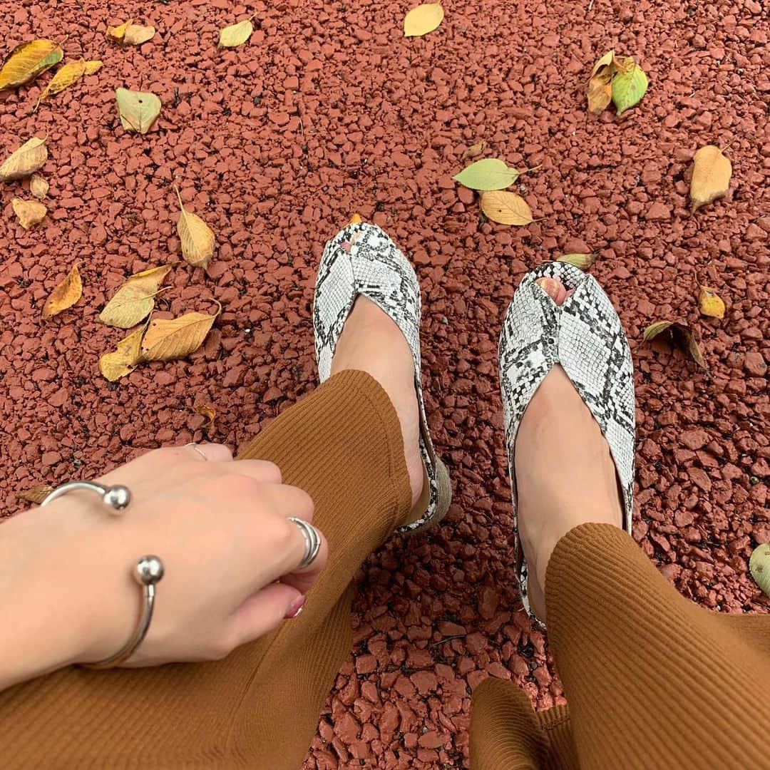 のインスタグラム：「♡♡ . . 秋支度🍁🍁 . . お気に入りアイテム👡💓 . . パイソン柄のサンダル😚💋 . 楽に履けるし、 シンプルなコーデにも合う😙👍 . . #mai___fashion #足元倶楽部 #パイソン柄 #パンプス #お気に入り #秋支度 #足元 #ヘビ柄 #スネーク柄 #fashion #code #ワイドパンツ #fabbyfabby」