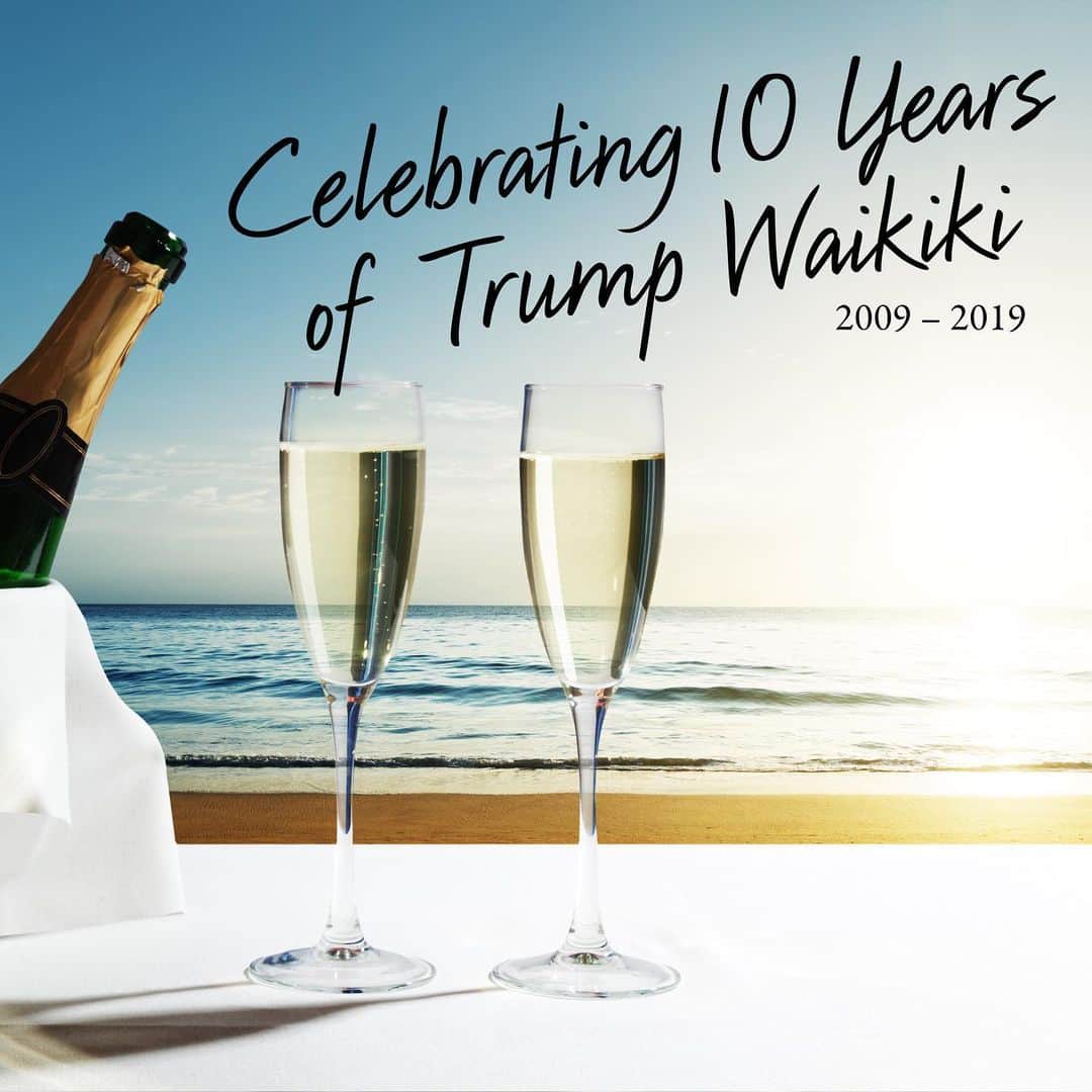 Trump Waikikiさんのインスタグラム写真 - (Trump WaikikiInstagram)「A decade ago Trump Waikiki opened on Nov.16, 2009, and in anticipation of our 10th milestone event, we are offering  a limited time only special anniversary package that includes suite accommodations, champagne with keepsake glass flutes, spa treatment for two and private chauffeured ground transportation from the airport.  http://bit.ly/trumpwaikiki10  Aloha and Mahalo for 10 amazing years, and Cheers to many more years of creating memorable experiences for our guests to cherish for a lifetime. #trumpwaikiki10 #trumpwaikiki #neversettle  トランプ・ワイキキは、お蔭様で今年11月に10周年を迎えます。日頃のご愛顧に感謝し、この度、スペシャル・パッケージをご用意しました。スイートでのご宿泊に記念のシャンパングラス1組とシャンパン、スパでのトリートメント、トランプ・ワイキキ専用車によるホノルル空港との往復送迎が含まれています。ご利用期限などパッケージの詳細は弊社ウェブページをご覧ください。 #トランプワイキキ #10周年 #5つ星ホテル http://bit.ly/trumpwaikiki10」9月10日 12時43分 - trumpwaikiki