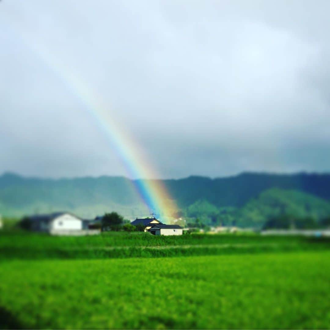 笠浩二さんのインスタグラム写真 - (笠浩二Instagram)「ある日の夕方  母を車に乗せて、家に到着寸前⁉︎ びっくり‼️ わわわー？⁉︎ 我が家の屋根の上に レインボー🎶 虹が🌈  思わず車を止めて カシャ！  母が言っていました。 虹🌈は、幸せの前兆？  はて？ ならいいのですが？  いつになったら、その幸せは、・・・ くるのかなとッ！  それでも家の上にかかった虹🌈 いいもの観ましたよね。  笠さん家から  #虹」9月10日 5時21分 - kohjiryu