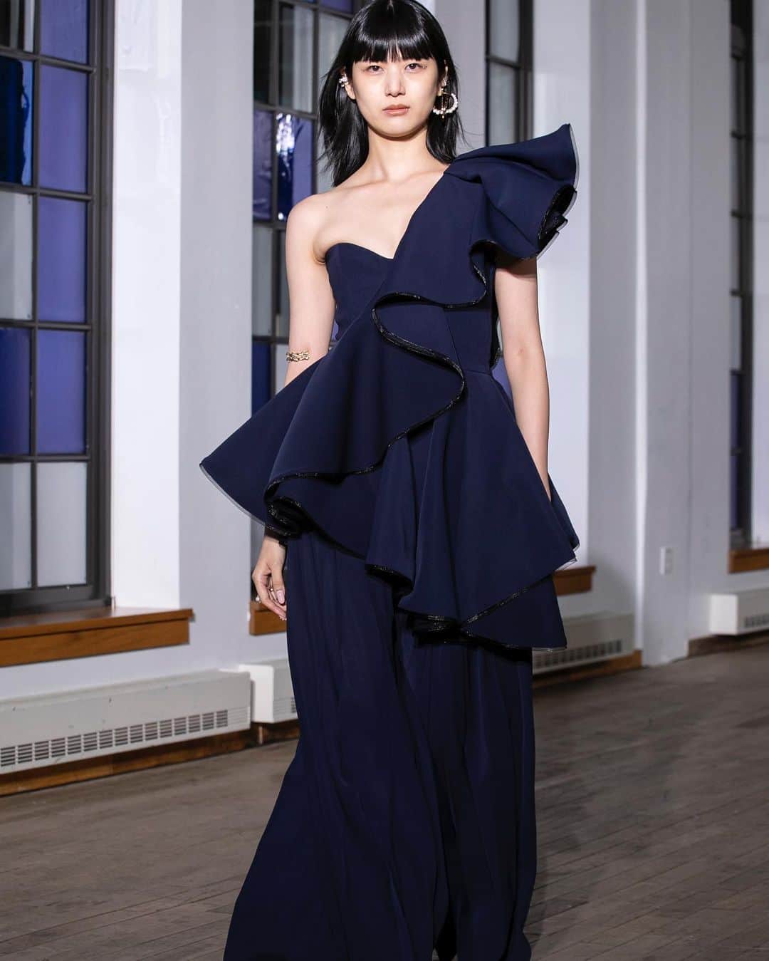 のインスタグラム：「Presenting #ADEAM Evening Wear. Our Maritime Ruffle Top and Pleated Pant on @KikoArai and our #JapaneseCrepe Maritime Gown on @MarieLouiseWedel. #NYFW #JapaneseFashion」