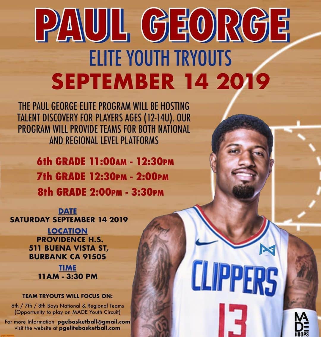 のインスタグラム：「Youngins come out this sat Sept. 14th to join the Paul George Elite family. We’re hosting a one day talent evaluation tryout. Let’s put the valley on the map! Follow @paulgeorge_elite for more updates!」