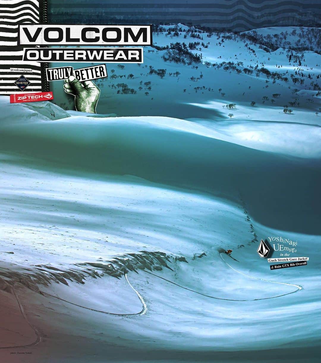 のインスタグラム：「@volcomsnow チームライダー植村能成 ( @uemura_yoshinari )による、本日発売最新号 @diggin_magazine VOLCOM OUTER WEAR広告ビジュアル⚡️ #VolcomOuterwear : Guch Stretch Gore Jacket & Rain GTX Bib Overall 📸: @tsutomunakata  お買い求めはお近くのスノーボードショップ、書店にて⚡️ #TrulyDefined #TrulyBetter#Volcom #VolcomJapan #TrueToThis #ボルコム」