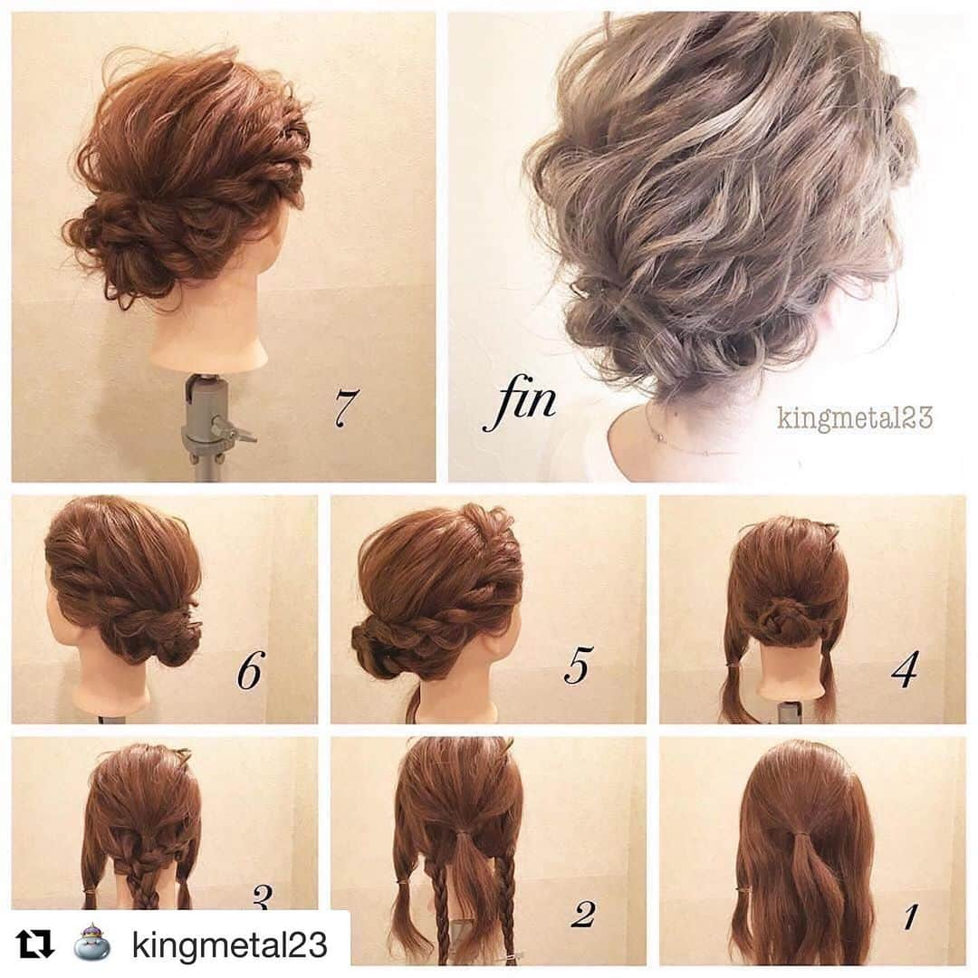 kingmetal23 ヘアアレンジさんのインスタグラム写真 - (kingmetal23 ヘアアレンジInstagram)「ヘアレシピ😃 再投稿になります。 アレンジスタイルのレシピになっております😊 ①図のようにくくります。 ②ネープを２つ三つ編みします。 ③①と②を合わせ三つ編みします。 ④先ほどの③をくるくる巻きピンでとめます。 ⑤サイドを右7左3くらいにわけて右サイドからロープ編みを図の様にほぐしながら編み込んでいき、④に巻きつけピニングします。 ⑥左サイドも同様にします。 ⑦バランスみながら好みの質感にほぐして完成です。 #ヘアアレンジ#美容師 #美容院#神戸#美容室#ロカリ#兵庫#三宮#元町#トアウエスト#栄町#姫路#垂水#三田#西宮#神戸美容室#アントテン#antten#簡単アレンジ#ヘアアレンジ解説 #ヘアアレンジ動画 #簡単ヘアアレンジ #アレンジ動画 #アレンジ解説 #ロカリヘア#updo#大人かわいい」9月10日 22時32分 - kingmetal23