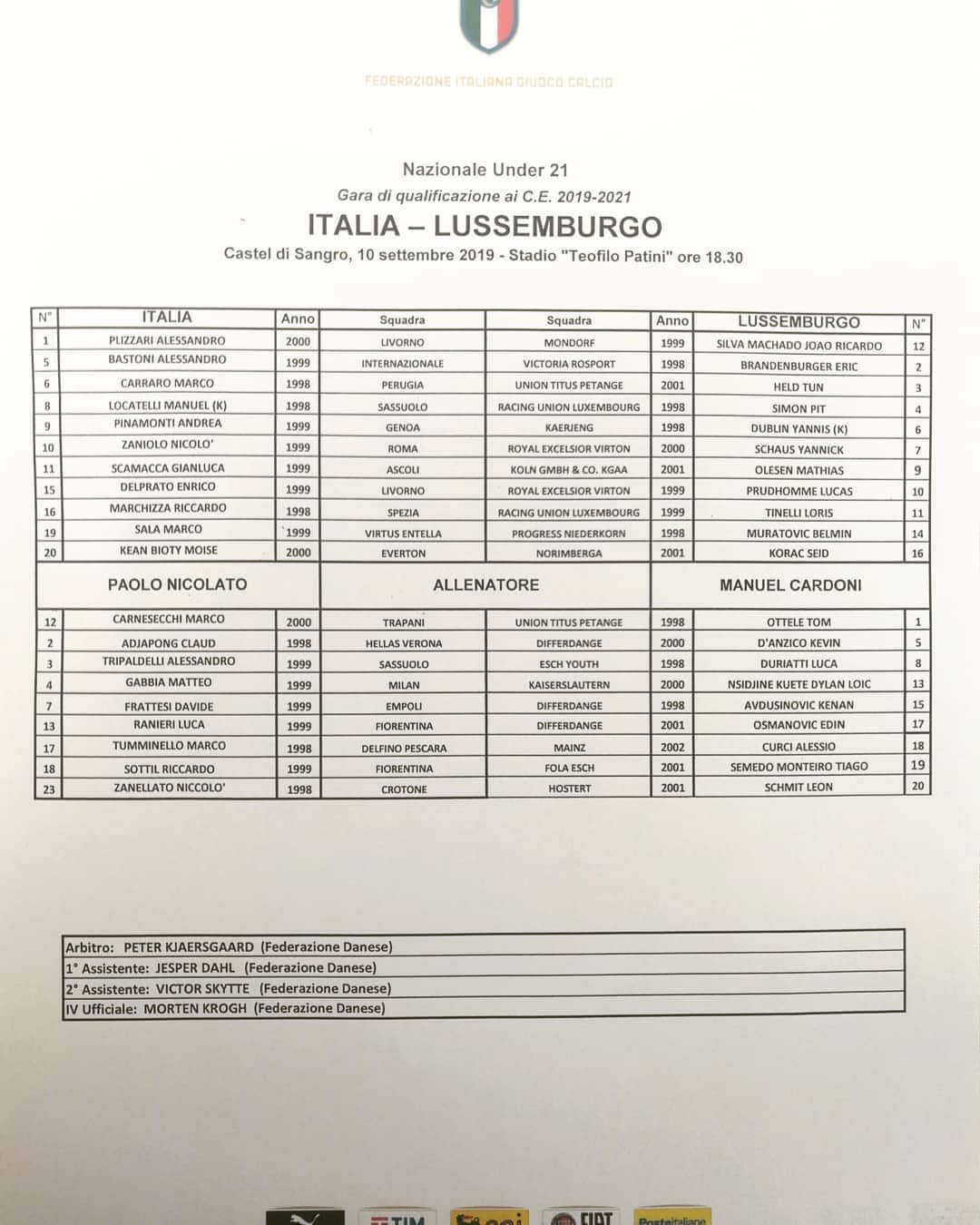 サッカーイタリア代表さんのインスタグラム写真 - (サッカーイタリア代表Instagram)「Formazioni gara di qualificazione al Campionato Europeo #under21 ITALIA - LUSSEMBURGO #azzurrini #VivoAzzurro」9月11日 0時37分 - azzurri