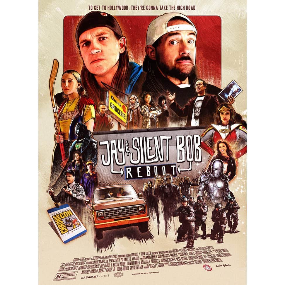 ケヴィン・スミスのインスタグラム：「I’m proud to present the first of our two @jayandsilentbob Reboot theatrical release posters! Created by @wearebond artist @the_hsu, this phenomenal poster homages another recent Hollywood flick (that Reboot costar @harleyquinnsmith was also in) while calling to mind every 70’s and 80’s movie marketing campaign I ever saw while growing up! Tony hand drew everything you see here and made a masterpiece that’ll hang in my home forever! Also, we announced new dates for the #JayAndSilentBobReboot Roadshow Tour (see last 2 photos for all the cities we’re hitting)! Tickets for the new tour stops go ON SALE NEXT WEEK at the link in my bio! We’re a little over a month away from release and I can’t wait to show you to see the joint we’ve rolled for you! #KevinSmith #jayandsilentbob #movieposter #wearebond #marketing #sabanfilms #JasonMewes #posterdesign #harleyquinnsmith #poster #jaymewes #rebootroadshow」
