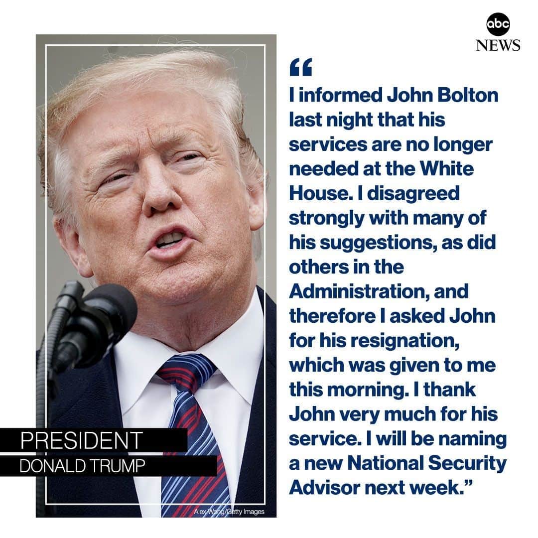 ABC Newsさんのインスタグラム写真 - (ABC NewsInstagram)「BREAKING: Pres. Trump says he has fired national security adviser John Bolton: "I thank John very much for his service. I will be naming a new National Security Advisor next week." #donaldtrump #johnbolton #foreignpolicy #politics #whitehouse」9月11日 1時21分 - abcnews