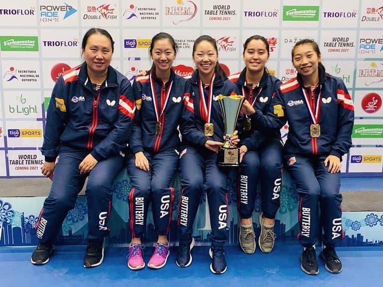 リリー・チャンのインスタグラム：「What a week it’s been! We are the 2019 Pan American Champions! The U.S. Women’s team has never won a gold medal in any event at the Pan American Championships and this year we finally won the Women’s Team event!!! Super proud of this team for giving it their all and pulling through in the end 😍 I was also fortunate enough to win Women’s Singles, Women’s Doubles with @wuyuetabletennis, and Mixed Doubles with @zhangkai1997622! 🥇🥇🥇🥇 • To be quite honest, this year has been somewhat difficult for me. After going pro and dedicating all of my time to table tennis, I wanted to make big strides in the sport, but I felt like I fell short of my expectations almost every time. My contingency of self-worth became based solely on results and I lost a lot of confidence in my game and in myself. It’s disheartening to feel stagnant, especially in something that you’ve put so much time and energy into, but I’ve learned that results do not come immediately. Hard work, time, and patience pays off in the end. I still have a long ways to go, but I’m working on staying in the present moment and appreciating the process a lot more. Hopefully, this is just the beginning 🙏 #PanAmericanChampionships2019 #Asuncion #Paraguay #TeamUSA」