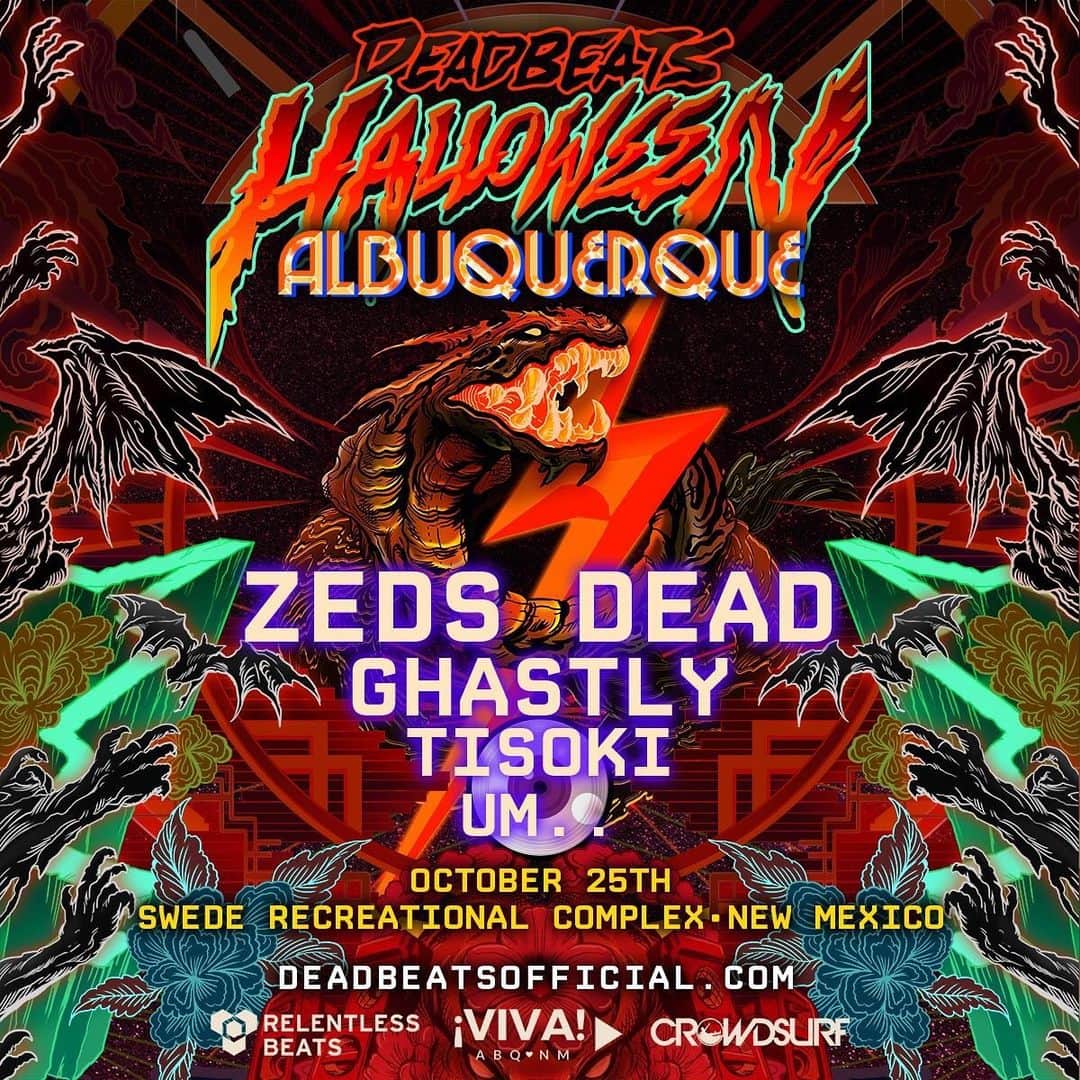 Zeds Deadのインスタグラム：「‪🦇DEADBEATS HALLOWEEN🦇‬ ‪🎃ALBUQUERQUE🎃 ‬ ‪w/ @ghastly @tisoki @umdotdot ‬ ‪PreSale Thursday‬ ‪OnSale Friday ‬ ‪www.deadbeatsofficial.com‬」