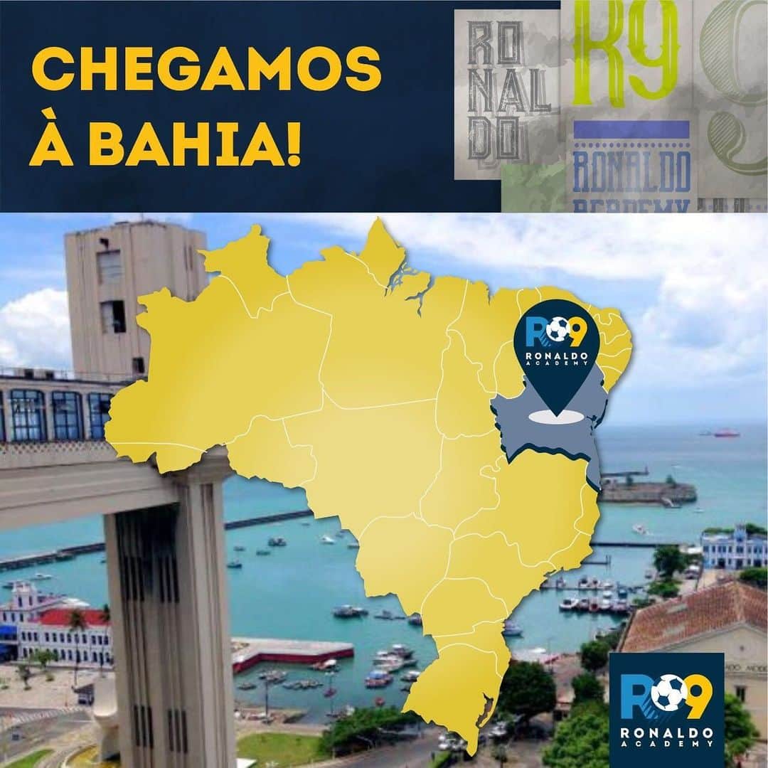 ロナウドのインスタグラム：「Chegamos, Bahia! A @ronaldoacademybr não para de crescer e desembarcou em Alagoinhas. A inauguração será hoje, às 19h, e as matrículas estão abertas para novos fenômenos. ⚽️🇧🇷 Parabéns aos franqueados João Moura e Ivanna Moura, e muito sucesso!」